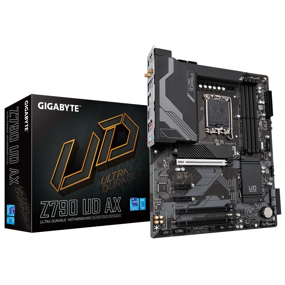 Z790 UD AX - Материнская плата Gigabyte Z790 UD AX, Socket 1700,  Intel®Z790, 4xDDR5-4800, HDMI+DP, 3xPCI-Ex16, 2xPCI-Ex1, 6xSATA3(RAID  0/1/5/10), 3xM.2, 8Ch Audio, 2,5GbLan, WiFi, (4+4)xUSB2.0, (5+2)xUSB3.2,  (1+1)xUSB3.2 Type-C™, 1xPS/2, ATX, RTL {}