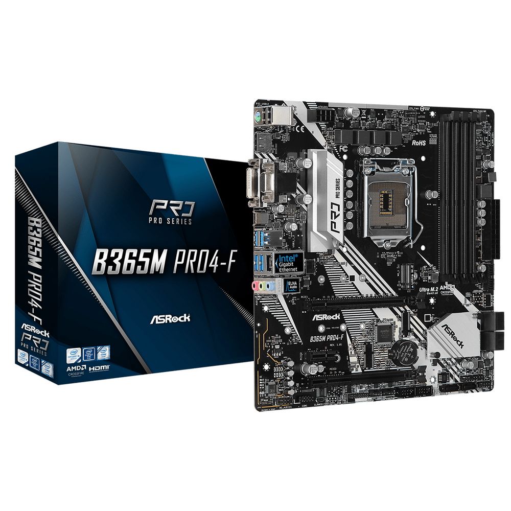 Материнская плата ASRock B365M PRO4-F, Socket 1151, Intel®B365, 4xDDR4-2666, D-SUB+DVI-D+HDMI, 2xPCI-Ex16, 1xPCI-Ex1, 6xSATA3, 3xM.2, 8 Ch Audio, GLan, (2+4)xUSB2.0, (4+2)xUSB3.1, 1xUSB3.1 Type-C™, 1xPS/2, mATX, RTL {20} (339079)