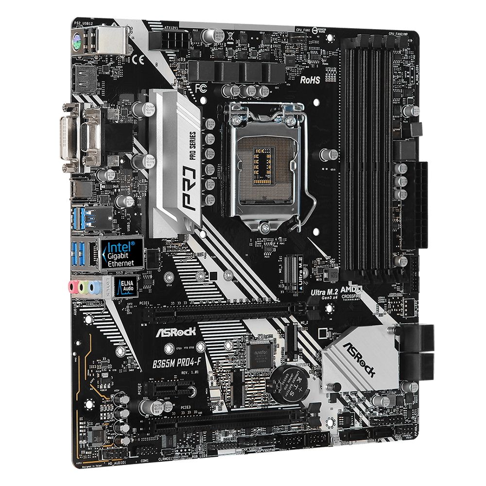 Материнская плата ASRock B365M PRO4-F, Socket 1151, Intel®B365, 4xDDR4-2666, D-SUB+DVI-D+HDMI, 2xPCI-Ex16, 1xPCI-Ex1, 6xSATA3, 3xM.2, 8 Ch Audio, GLan, (2+4)xUSB2.0, (4+2)xUSB3.1, 1xUSB3.1 Type-C™, 1xPS/2, mATX, RTL {20} (339079)