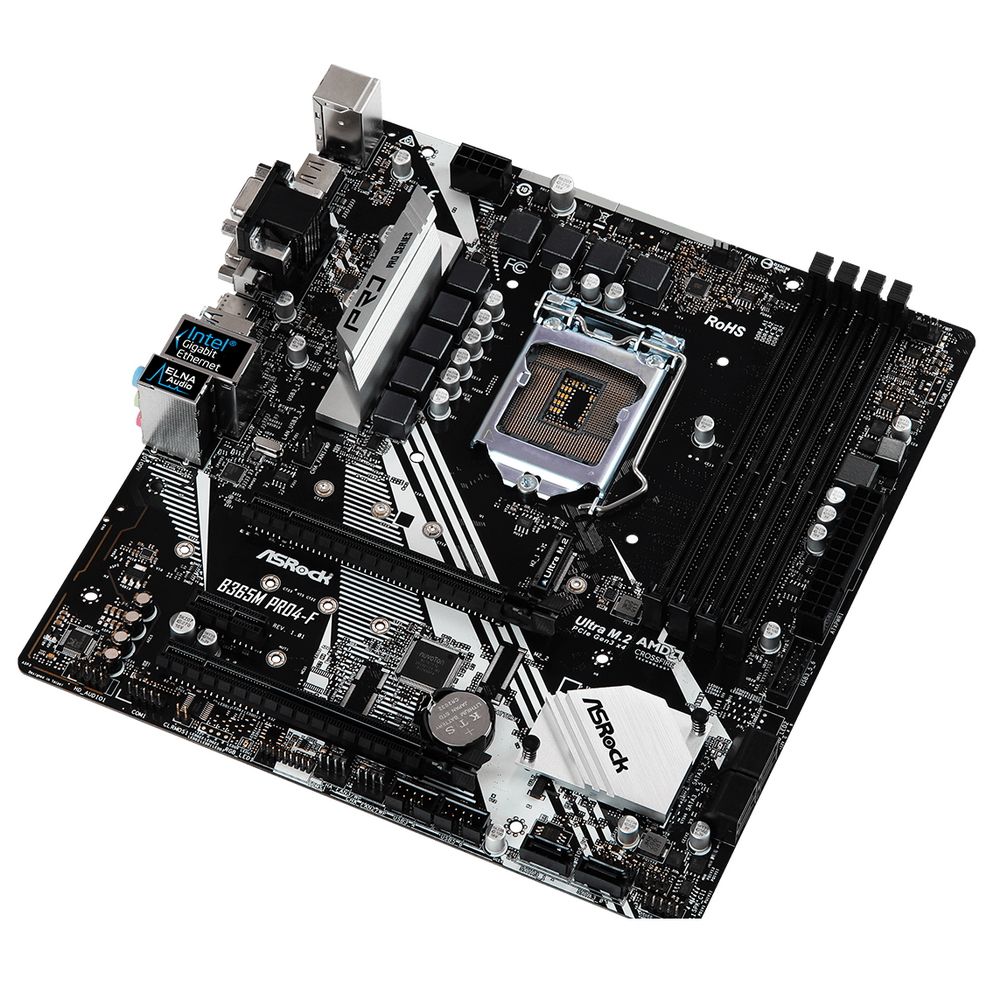Материнская плата ASRock B365M PRO4-F, Socket 1151, Intel®B365, 4xDDR4-2666, D-SUB+DVI-D+HDMI, 2xPCI-Ex16, 1xPCI-Ex1, 6xSATA3, 3xM.2, 8 Ch Audio, GLan, (2+4)xUSB2.0, (4+2)xUSB3.1, 1xUSB3.1 Type-C™, 1xPS/2, mATX, RTL {20} (339079)