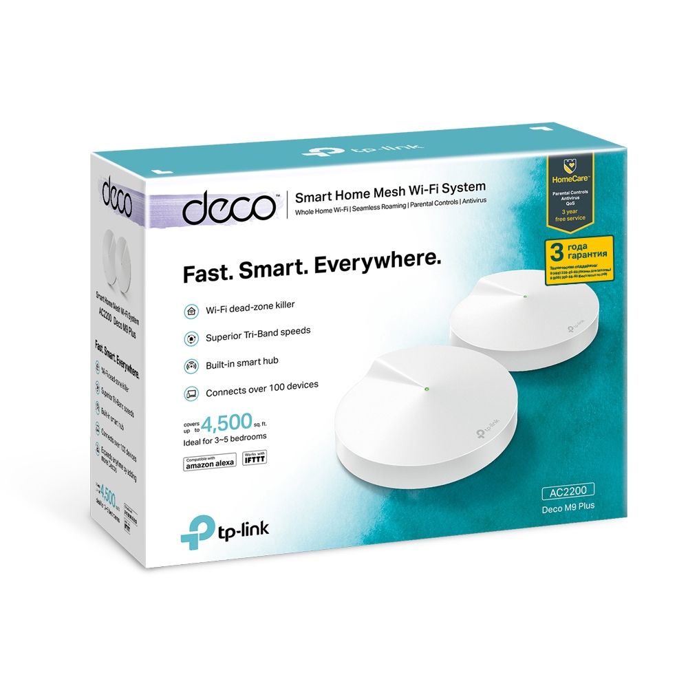 Deco M9 Plus(2-Pack) - Точка доступа Wi-Fi TP-LINK Deco M9 Plus(2-Pack)  AC2200 Трёхдиапазонная Mesh Wi-Fi система для умного дома,Центр управления умного  дома(Bluetooth 4.2,ZigBee HA 1.2), четырёхъядерный процессор Qualcomm  717МГц,867Мбит/с на 5ГГц+867 ...