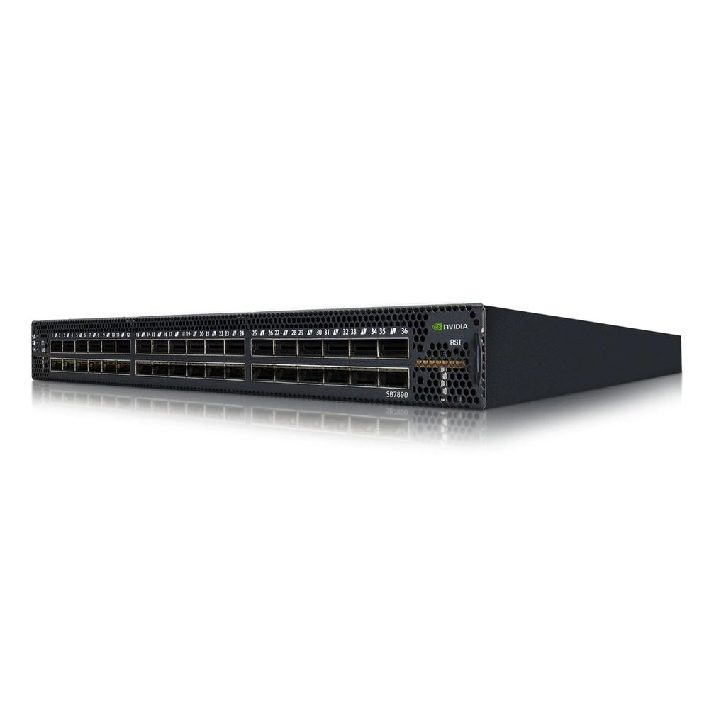 Коммутатор Mellanox Switch-IB 2 based 36-port QSFP28 EDR 1U Managed InfiniBand switch system with a non-blocking switching capacity of 7.2Tb/s. 2PS, Standard depth, P2C airflow\2х 460W PSU (MTEF-PSF-AC-A)\2x FanModule (MTEF-FANF-A)
