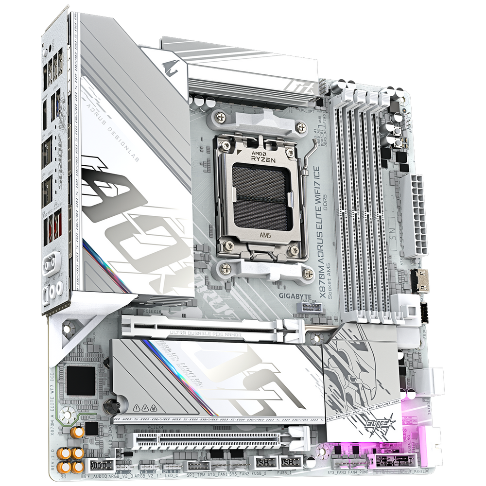 Материнская плата Gigabyte X870M AORUS ELITE WIFI7 ICE X870, AM5, 4*DDR5, 2*PCIEx16, 2*M.2, 1*TypeC, 2*USB3.2Gen2, 6*USB3.2Gen1, 8*USB2.0, 2*SATA3.0, 2.5G, 2*TypeC(DP), HDMI, M-ATX, RTL