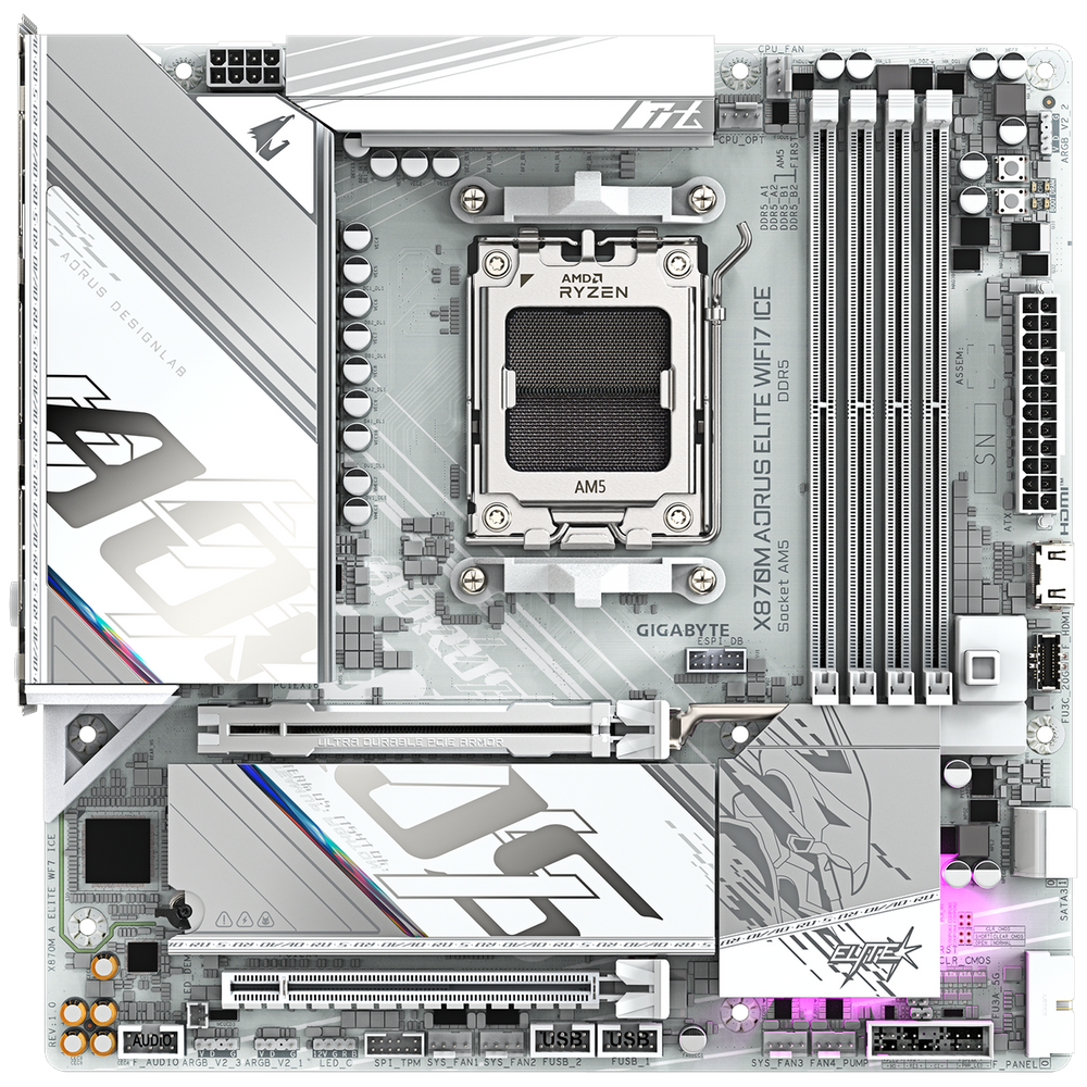 Материнская плата Gigabyte X870M AORUS ELITE WIFI7 ICE X870, AM5, 4*DDR5, 2*PCIEx16, 2*M.2, 1*TypeC, 2*USB3.2Gen2, 6*USB3.2Gen1, 8*USB2.0, 2*SATA3.0, 2.5G, 2*TypeC(DP), HDMI, M-ATX, RTL