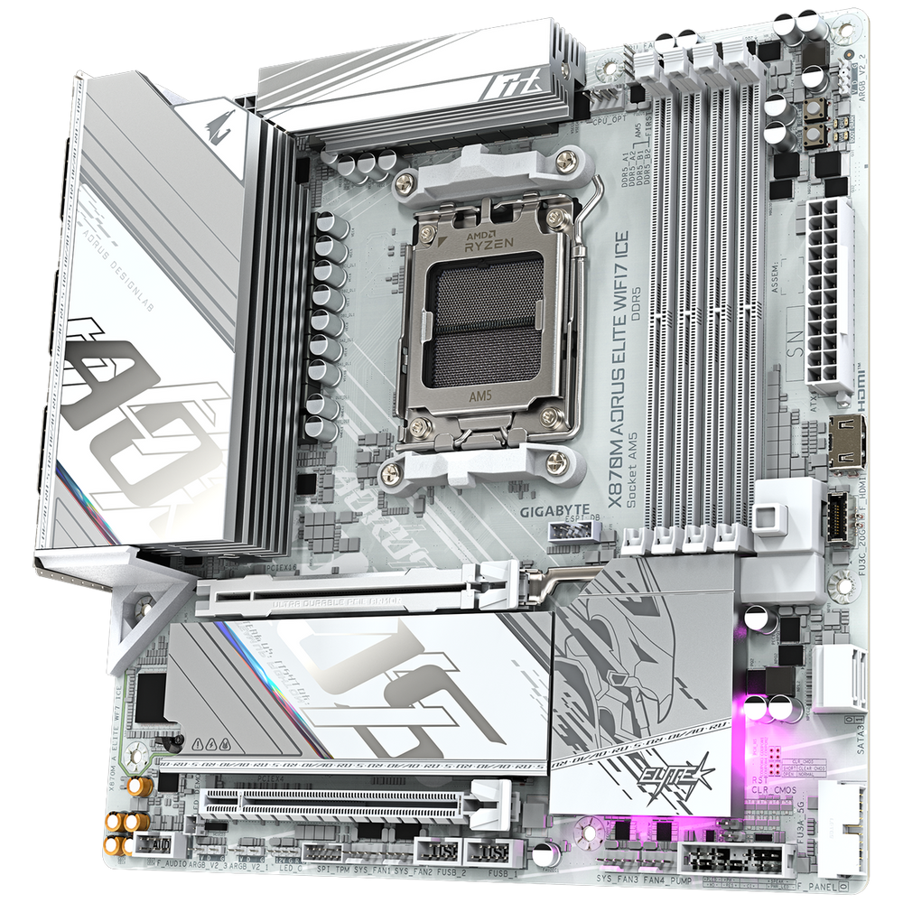 Материнская плата Gigabyte X870M AORUS ELITE WIFI7 ICE X870, AM5, 4*DDR5, 2*PCIEx16, 2*M.2, 1*TypeC, 2*USB3.2Gen2, 6*USB3.2Gen1, 8*USB2.0, 2*SATA3.0, 2.5G, 2*TypeC(DP), HDMI, M-ATX, RTL