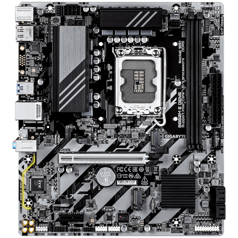 Материнская плата Gigabyte B860M E GEN5 B860, LGA1851, 2*DDR5, 1*PCIEx16, 1*PCIEx1, 2*M.2 6*USB3.2Gen1, 6*USB2.0, 4*SATA3.0, 1G, DP, HDMI, M-ATX, RTL
