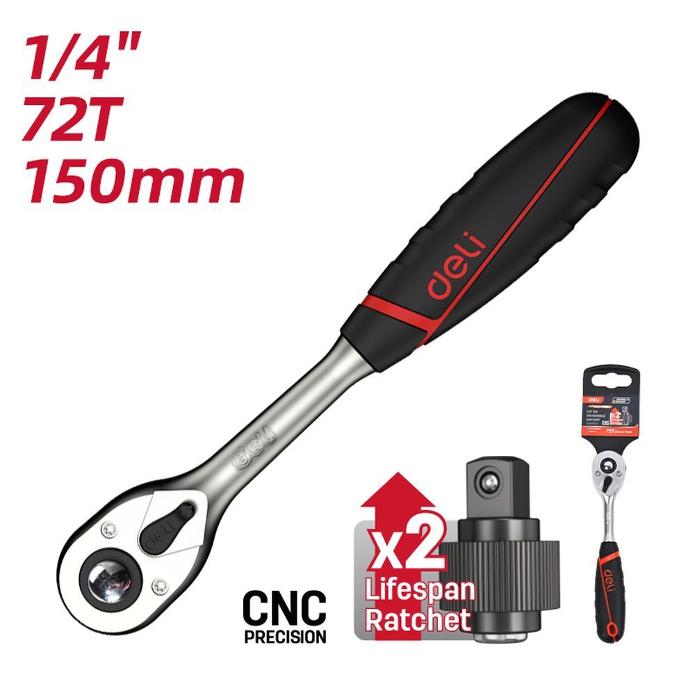 Ключ-трещотка Deli DQ41802 1/4" 72 зуба, Cr-Mo, быстросъемная