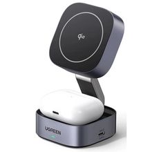 Зарядное устройство магнитное беспроводное 2-в-1 UGREEN W526 (35278) 2-in-1 Magnetic Wireless Charge для Iphone&AirPods 7,5W. Цвет: серый космос