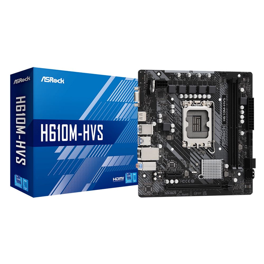 Материнская плата ASRock H610M-HVS, Socket 1700, Intel®H610, 2xDDR4-3200, D-SUB+HDMI, 1xPCI-Ex16, 1xPCI-Ex1, 4xSATA3, 8 Ch Audio, 1xGLan, (4+2)xUSB2.0, (2+2)xUSB3.2, 1xPS/2, mATX, RTL {20} (936678) H610M-HVS