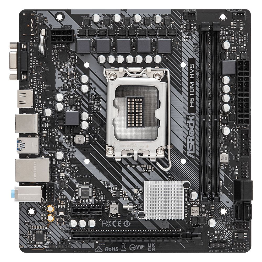 Материнская плата ASRock H610M-HVS, Socket 1700, Intel®H610, 2xDDR4-3200, D-SUB+HDMI, 1xPCI-Ex16, 1xPCI-Ex1, 4xSATA3, 8 Ch Audio, 1xGLan, (4+2)xUSB2.0, (2+2)xUSB3.2, 1xPS/2, mATX, RTL {20} (936678) H610M-HVS