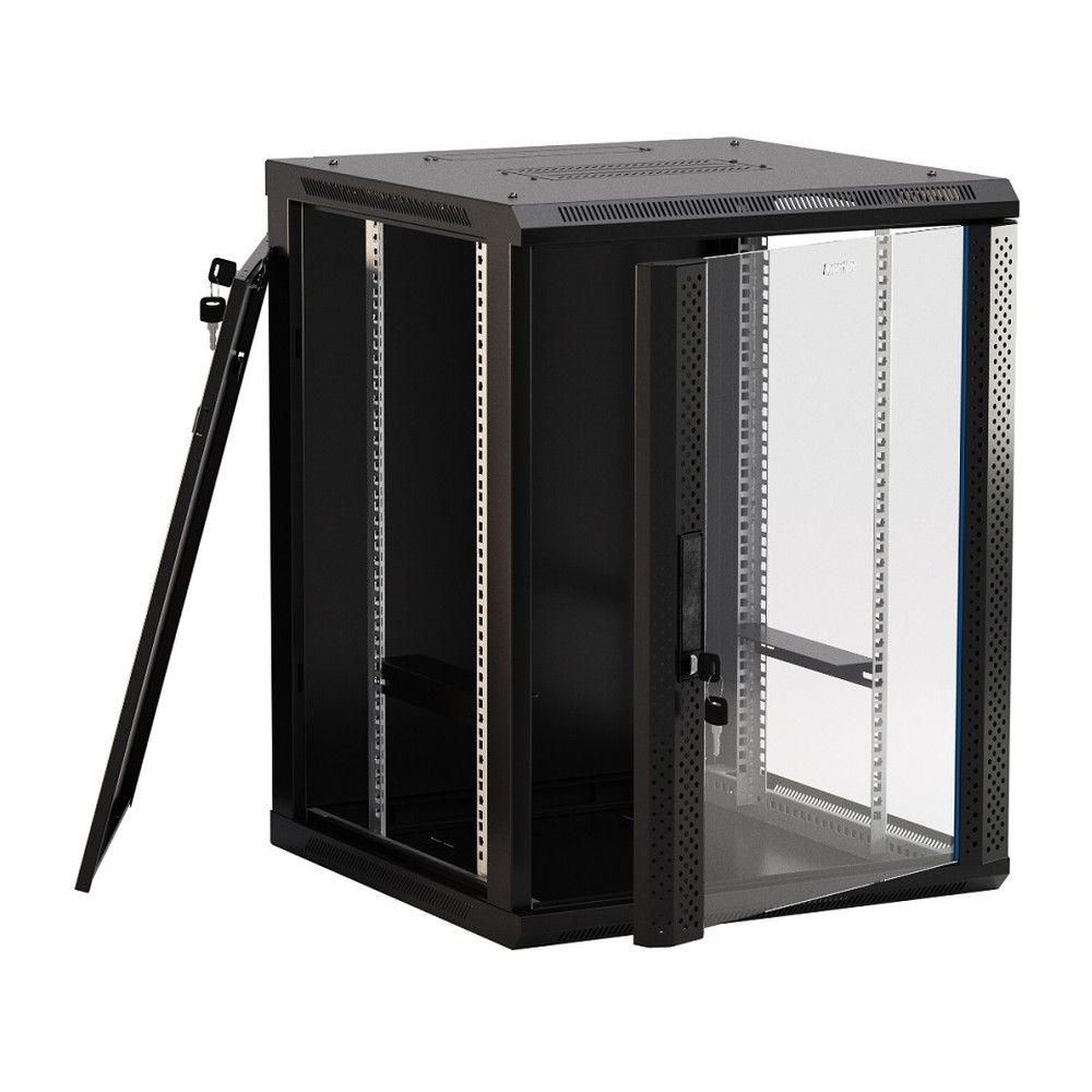 Шкаф HyperlineTWB-1866-GP-RAL9004 настенный 18U 908x600х600мм, стеклянная дверь с перфорацией по бокам, ручка с замком, цвет черный (RAL 9004) (разобранный) (075093)