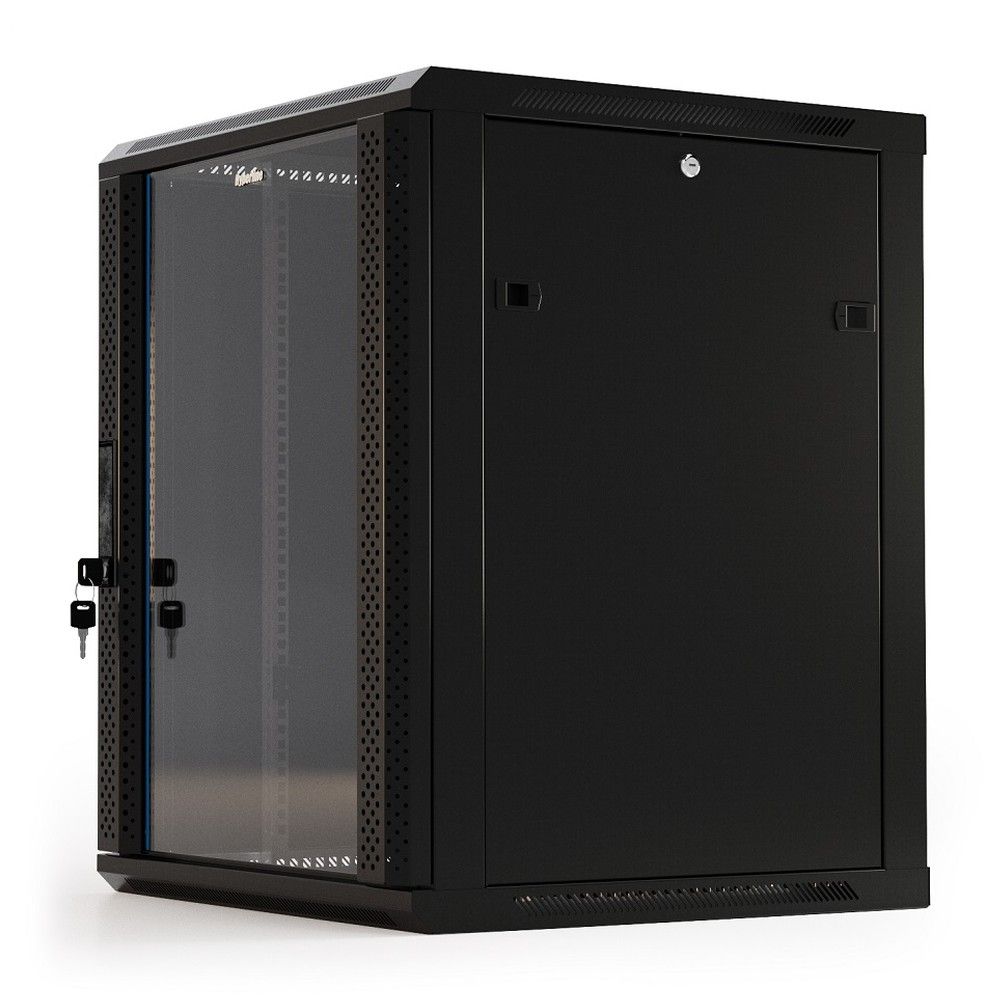 Шкаф HyperlineTWB-1866-GP-RAL9004 настенный 18U 908x600х600мм, стеклянная дверь с перфорацией по бокам, ручка с замком, цвет черный (RAL 9004) (разобранный) (075093)