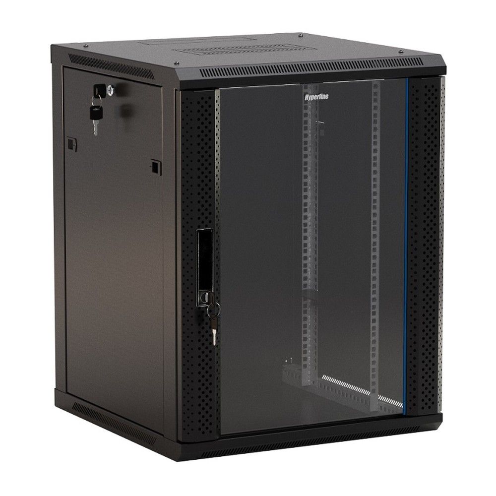 Шкаф HyperlineTWB-1866-GP-RAL9004 настенный 18U 908x600х600мм, стеклянная дверь с перфорацией по бокам, ручка с замком, цвет черный (RAL 9004) (разобранный) (075093)