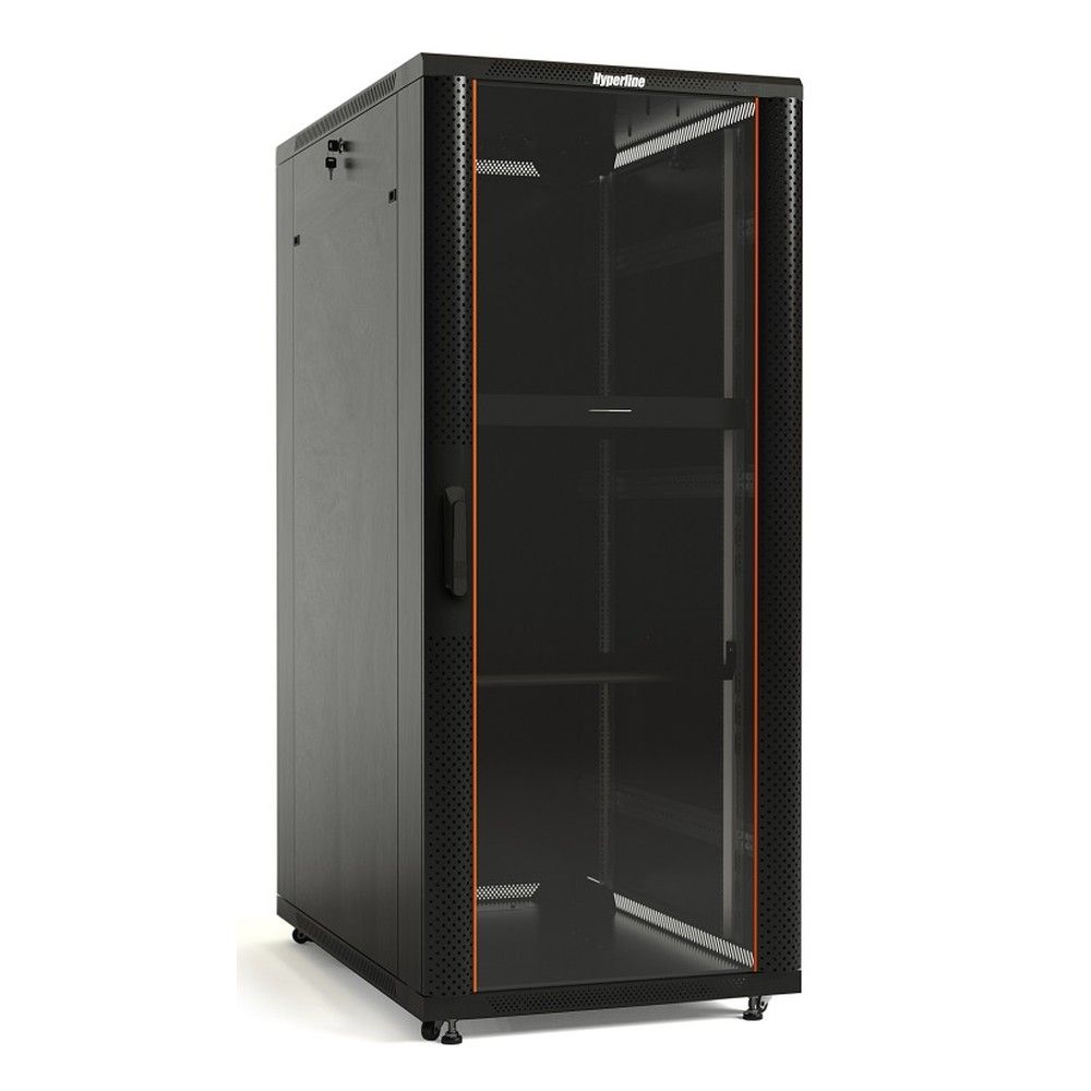 Шкаф HyperlineTTB-4268-AS-RAL9004 напольный 42U 2055x600х800 мм (ВхШхГ), передняя стеклянная дверь со стальными перфорированными боковинами, задняя дверь сплошная, ручка с замком, крыша нового типа, цвет черный (RAL 9004) (разобранный) (074911)