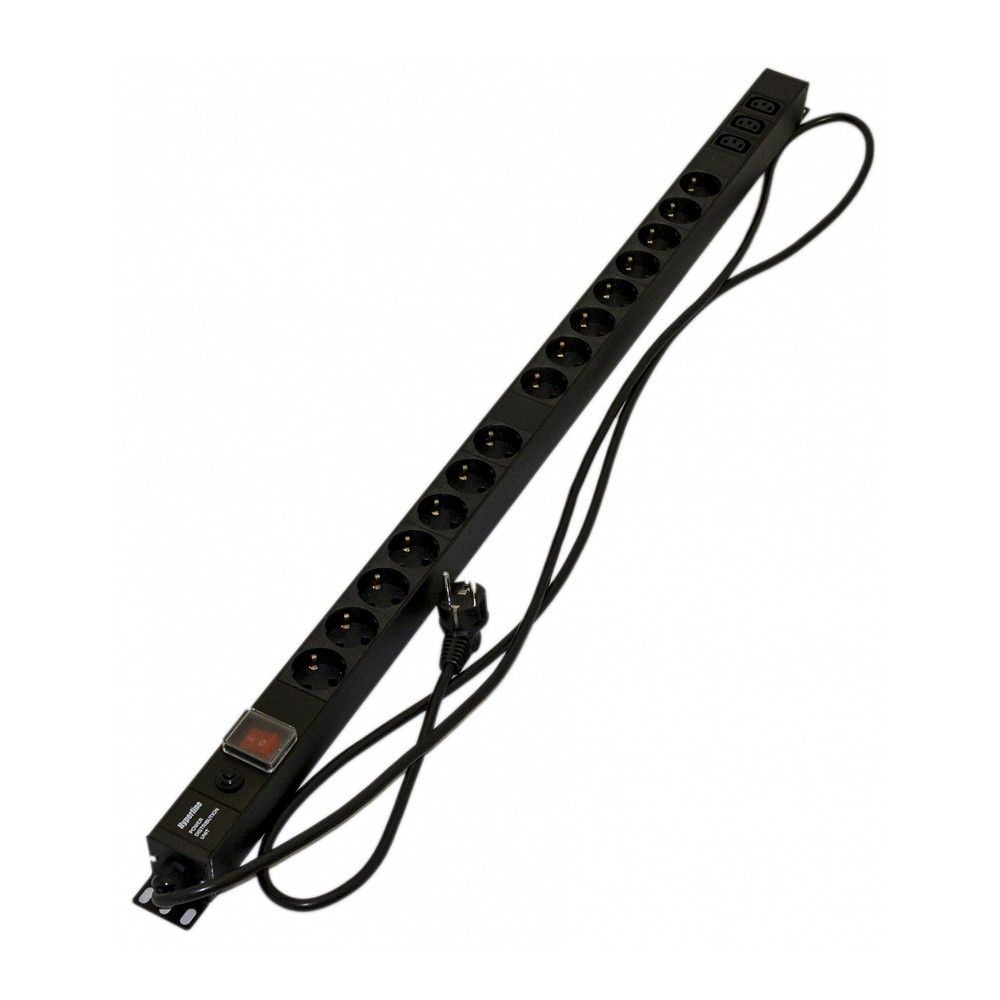 Сетевой фильтр Hyperline Hyperline SHE-15SH-3IEC-SF-2.5EU Блок розеток, вертикальный, 15 розеток Schuko, 3 розетки IEC320 C13, выключ. с подсветкой, защита от перенапряж., кабель питания 2.5м (3х1.5мм2) с вилкой Schuko 16A, 250В, 1040x44.4x44.4мм (ДхШхВ), корпус алюминий, черный