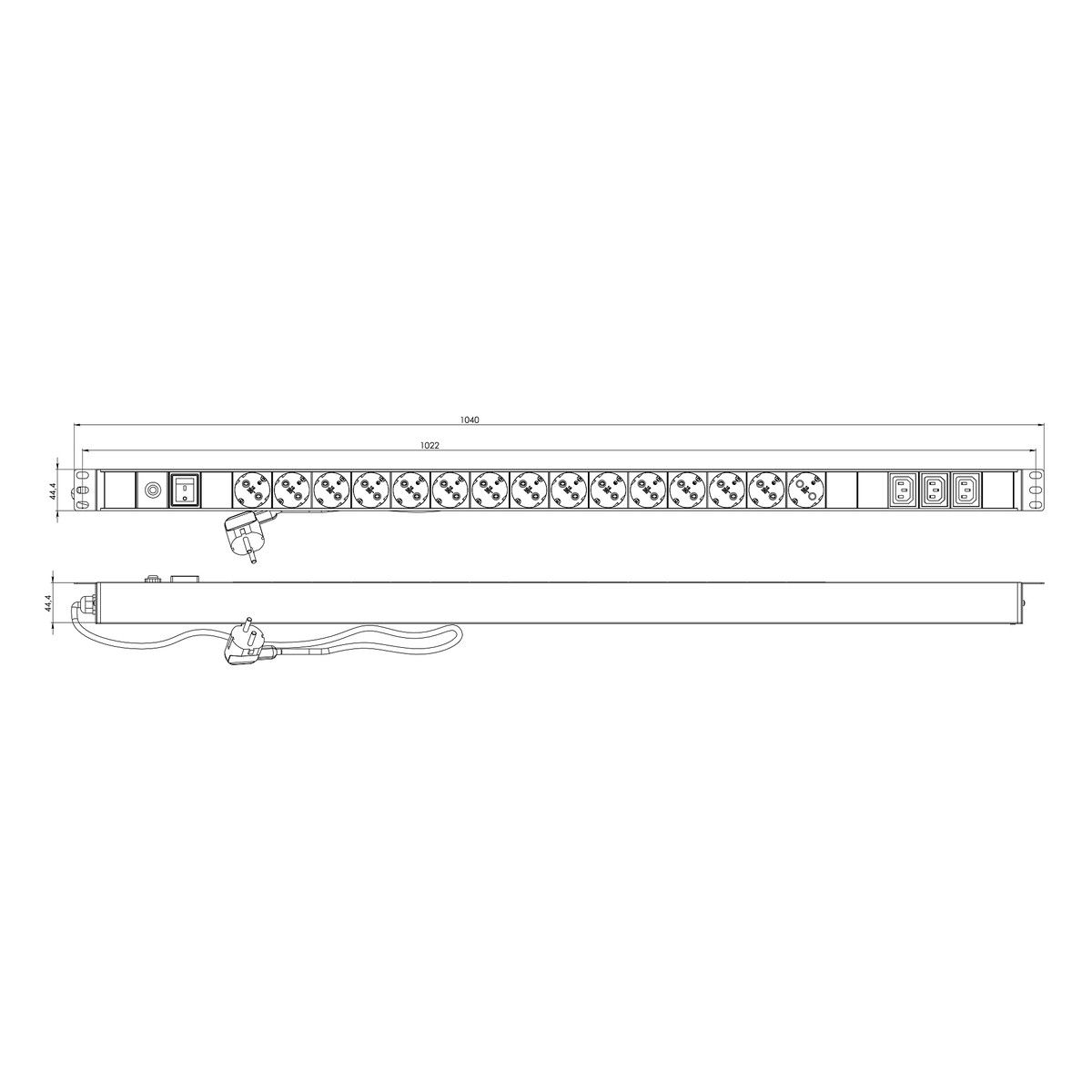 Сетевой фильтр Hyperline Hyperline SHE-15SH-3IEC-SF-2.5EU Блок розеток, вертикальный, 15 розеток Schuko, 3 розетки IEC320 C13, выключ. с подсветкой, защита от перенапряж., кабель питания 2.5м (3х1.5мм2) с вилкой Schuko 16A, 250В, 1040x44.4x44.4мм (ДхШхВ), корпус алюминий, черный