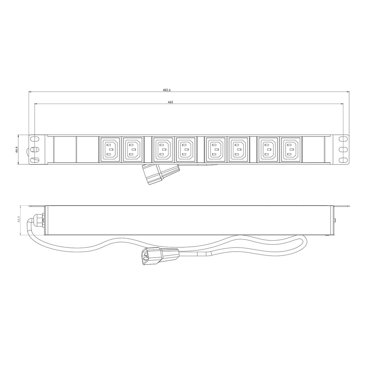 Сетевой фильтр Hyperline Hyperline SHE19-8IEC-2.5IEC Блок розеток для 19" шкафов, горизонтальный, 8 розеток IEC320 C13, кабель питания 2.5м (3х1.0мм2) с вилкой IEC320 C14 10A, 250В, 482.6x44.4x44.4мм (ШхГхВ), корпус алюминий, черный (086778)