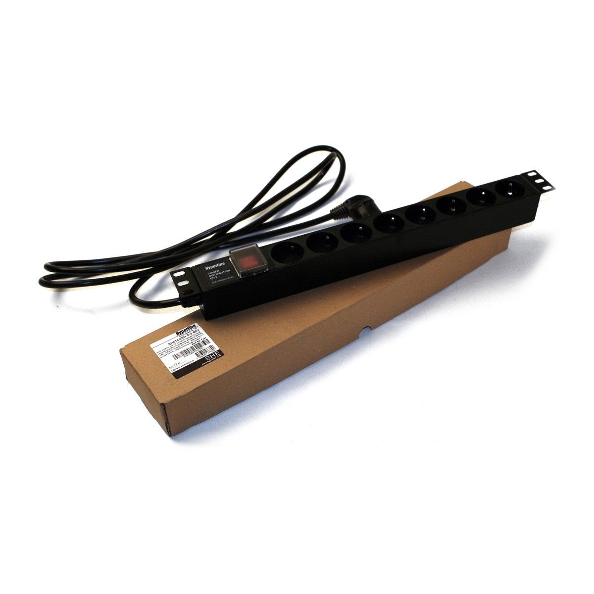 Сетевой фильтр Hyperline Hyperline SHE19-8SH-S-2.5EU Блок розеток для 19" шкафов, горизонтальный, 8 розеток Schuko, выключатель с подсветкой, кабель питания 2.5м (3х1.5мм2) с вилкой Schuko 16A, 250В, 482.6x44.4x44.4мм (ШхГхВ), корпус алюминий, черный (077820)