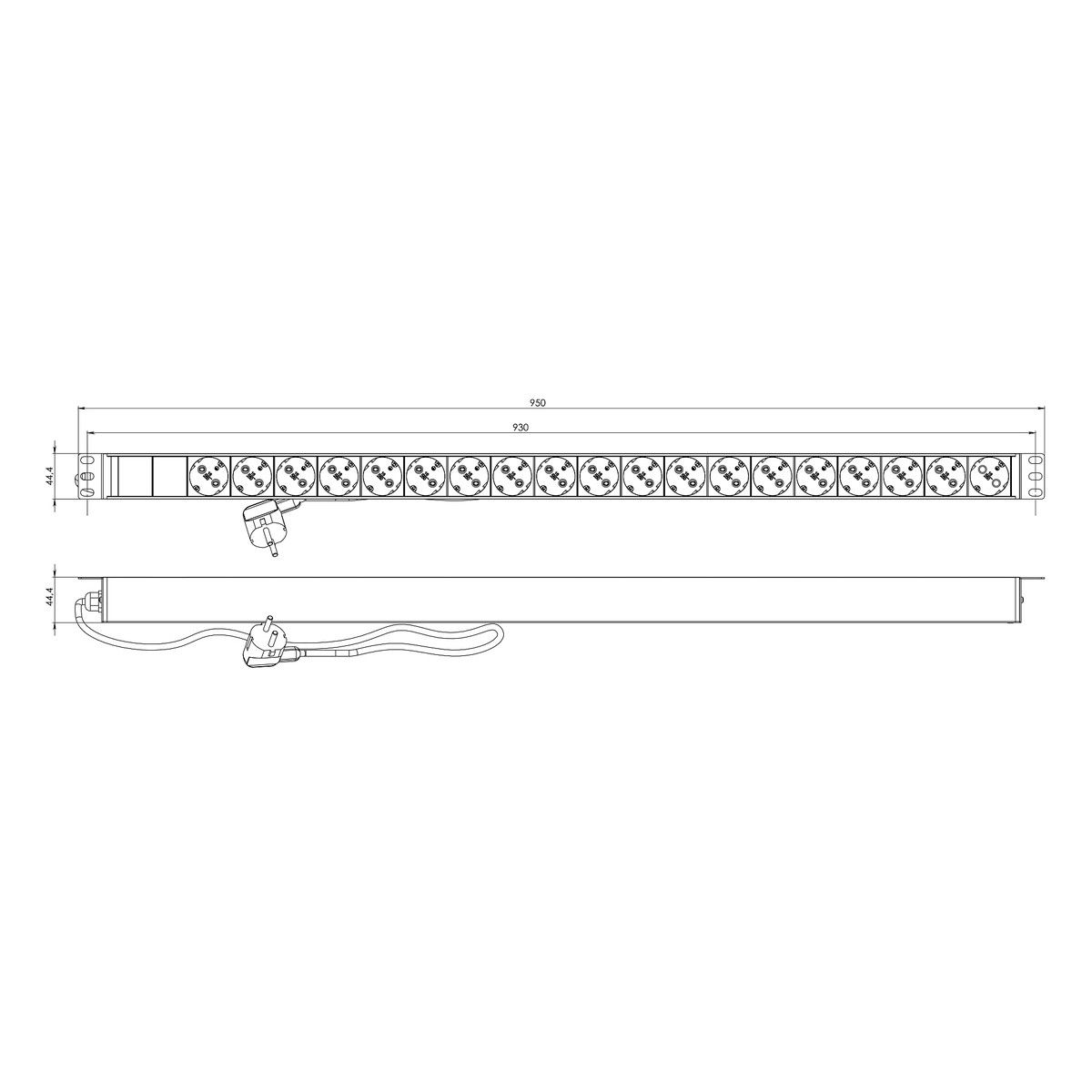 Сетевой фильтр Hyperline Hyperline SHE-19SH-2.5EU Блок розеток, вертикальный, 19 розеток Schuko, кабель питания 2.5м (3х1.5мм2) с вилкой Schuko 16A, 250В, 780x44.4x44.4мм (ДхШхВ), корпус алюминий, черный