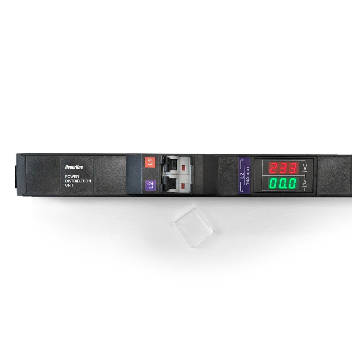 Сетевой фильтр Hyperline Hyperline SHE-24SH-BAV-CB Блок розеток, вертикальный, 24 розетки Schuko, автоматический выключатель, амперметр/вольтметр, без кабеля питания, клеммная колодка 32A, 250В, 1863x44.5x44.5мм (ДхШхВ), корпус алюминий, черный (097293)