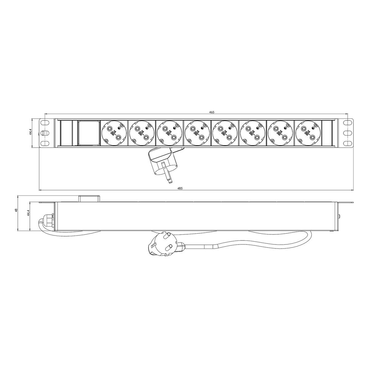 Сетевой фильтр Hyperline Hyperline SHZ19-8SH-S-2.5EU Блок розеток для 19" шкафов, горизонтальный, 8 розеток Schuko, выключатель с подсветкой, кабель питания 2.5м (3х1.5мм2) с вилкой Schuko 16A, 250В, 482.6x44.4x44.4мм (ШхГхВ), корпус алюминий