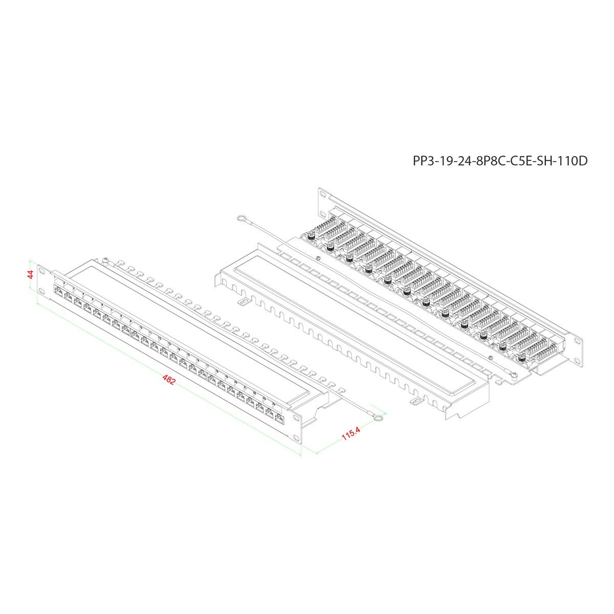 Аксессуары Hyperline Hyperline PP3-19-24-8P8C-C5E-SH-110D Патч-панель 19", 1U, 24 порта RJ-45 полн. экран., категория" 5e, Dual IDC, ROHS, цвет черный