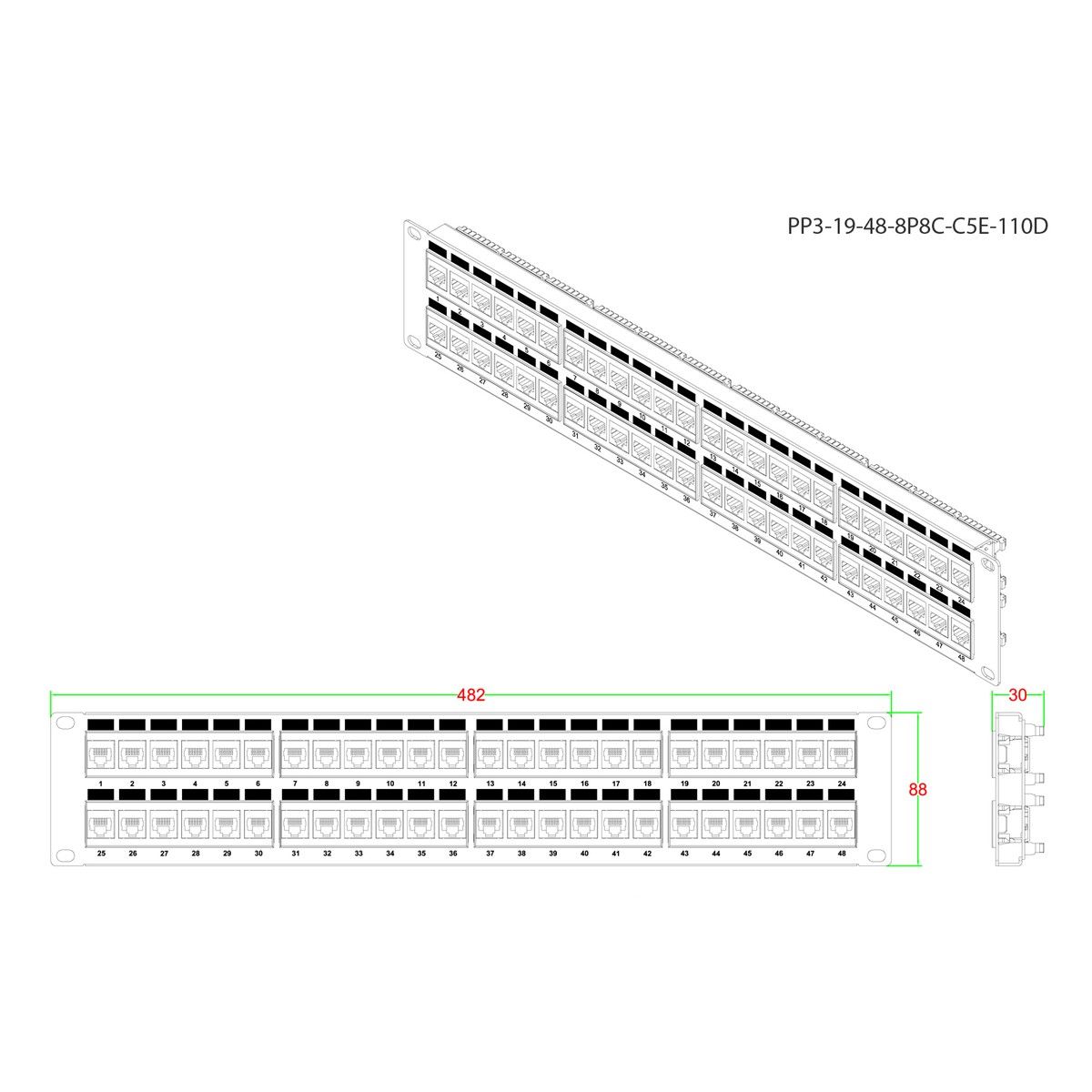 Аксессуары Hyperline Hyperline PP3-19-48-8P8C-C5E-110D Патч-панель 19", 2U, 48 портов RJ-45, категория 5e, Dual IDC," ROHS, цвет черный