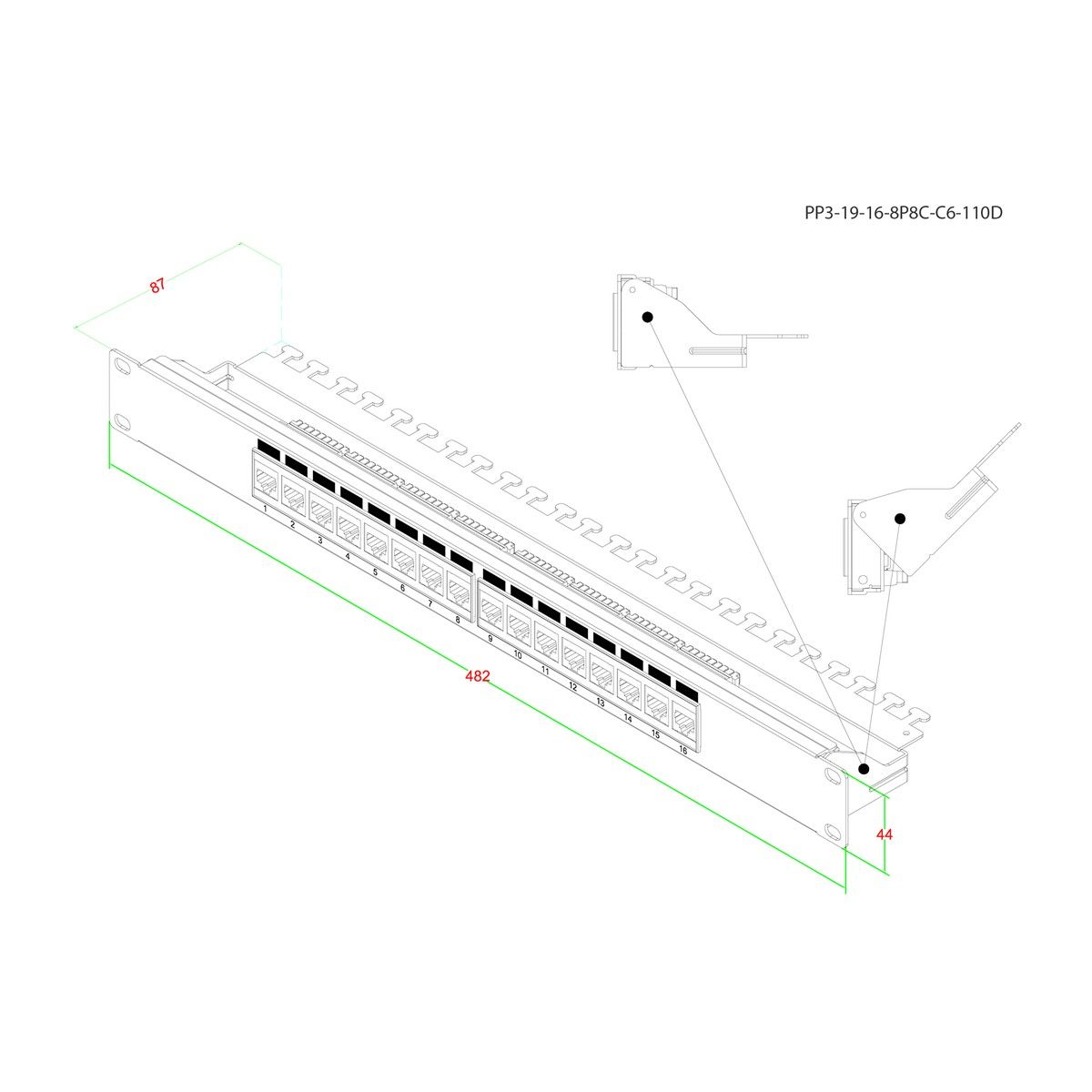 Аксессуары Hyperline Hyperline PP3-19-16-8P8C-C6-110D Патч-панель 19", 1U, 16 портов RJ-45, категория 6, Dual IDC, ROHS цвет черный (задний кабельный организатор в комплекте) (054961)