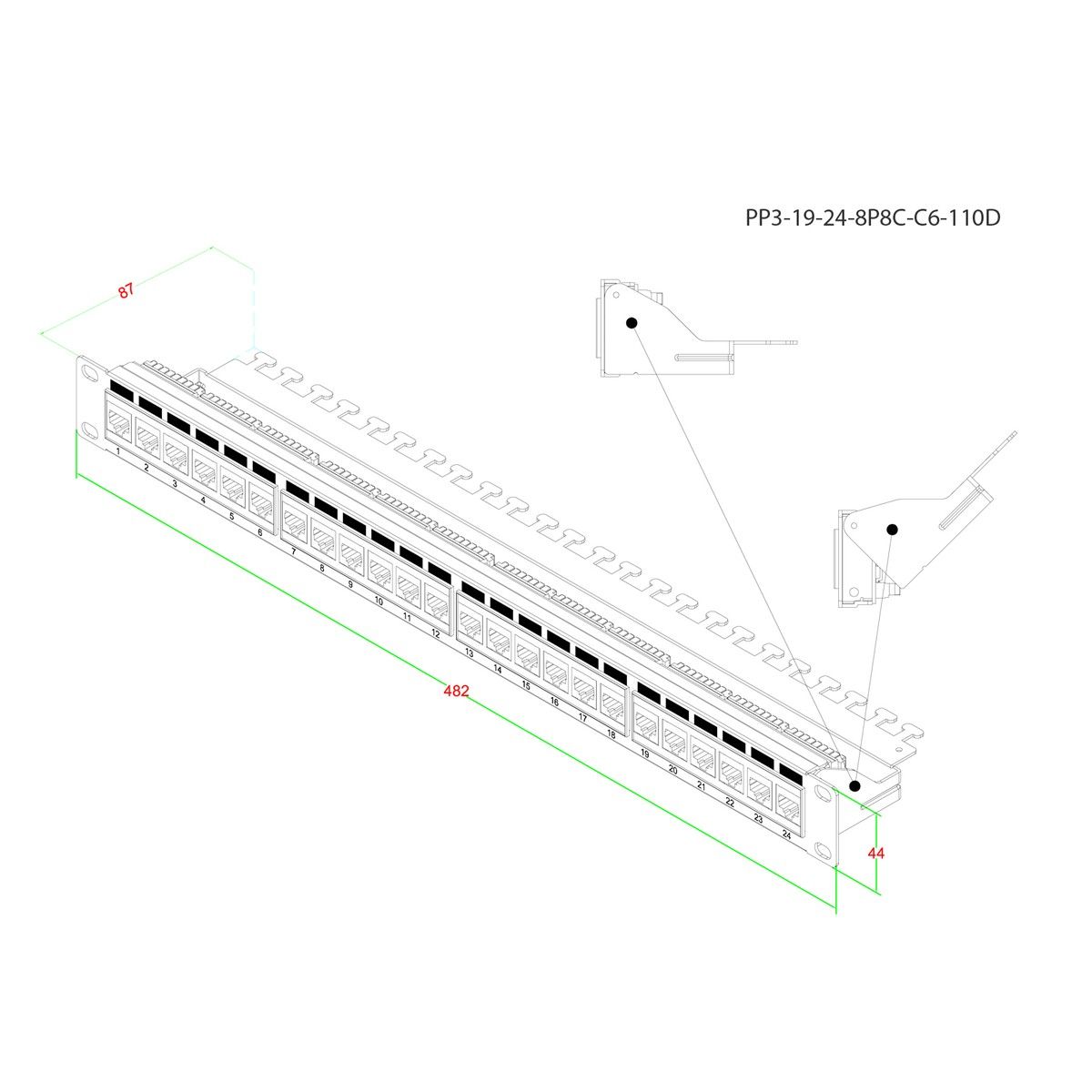 Аксессуары Hyperline Hyperline PP3-19-24-8P8C-C6-110D Патч-панель 19", 1U, 24 порта RJ-45, категория 6, Dual IDC, ROHS, цвет черный (задний кабельный организатор в комплекте)