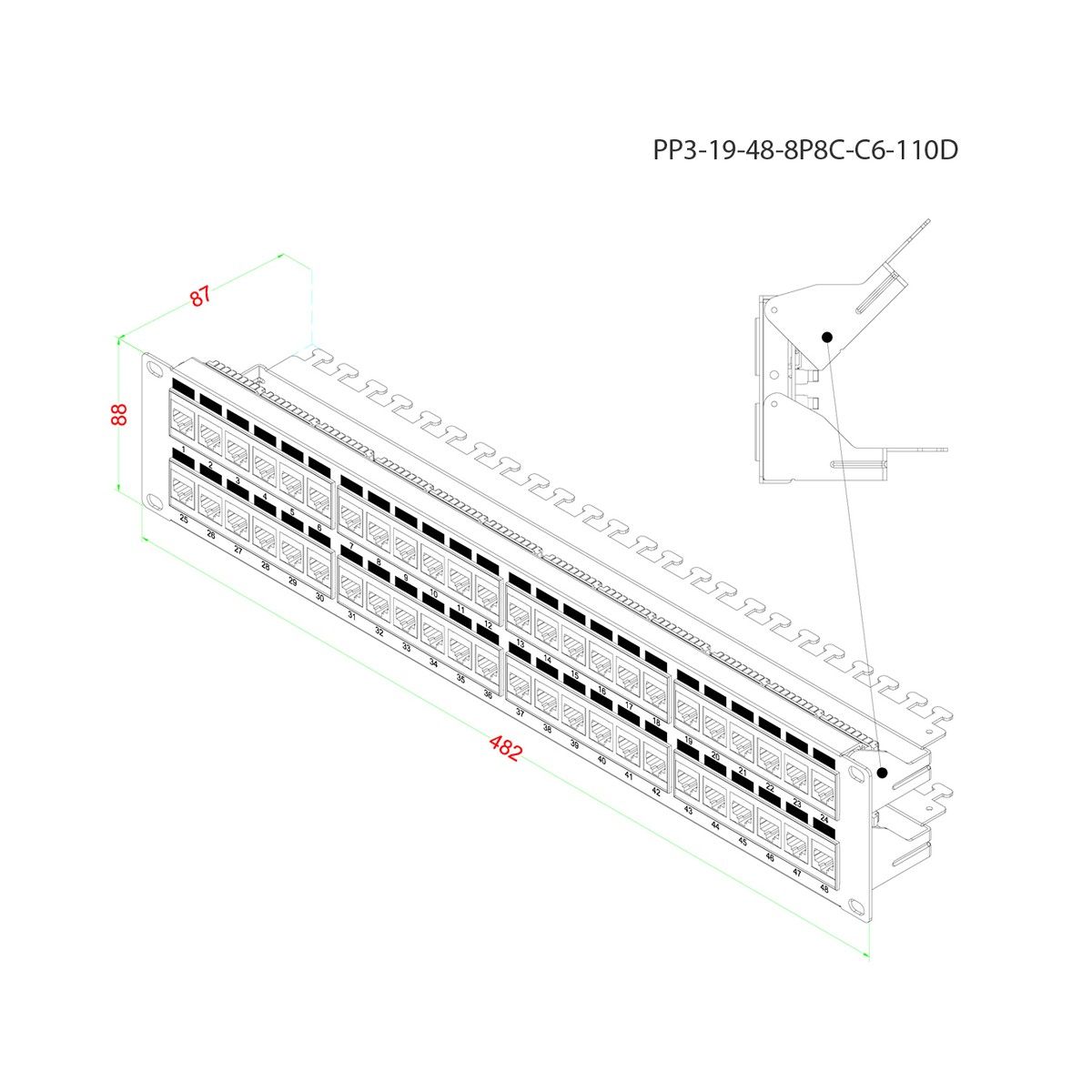 Аксессуары Hyperline Hyperline PP3-19-48-8P8C-C6-110D Патч-панель 19", 2U, 48 портов RJ-45, категория 6, Dual IDC, ROHS цвет черный (задний кабельный организатор в комплекте)