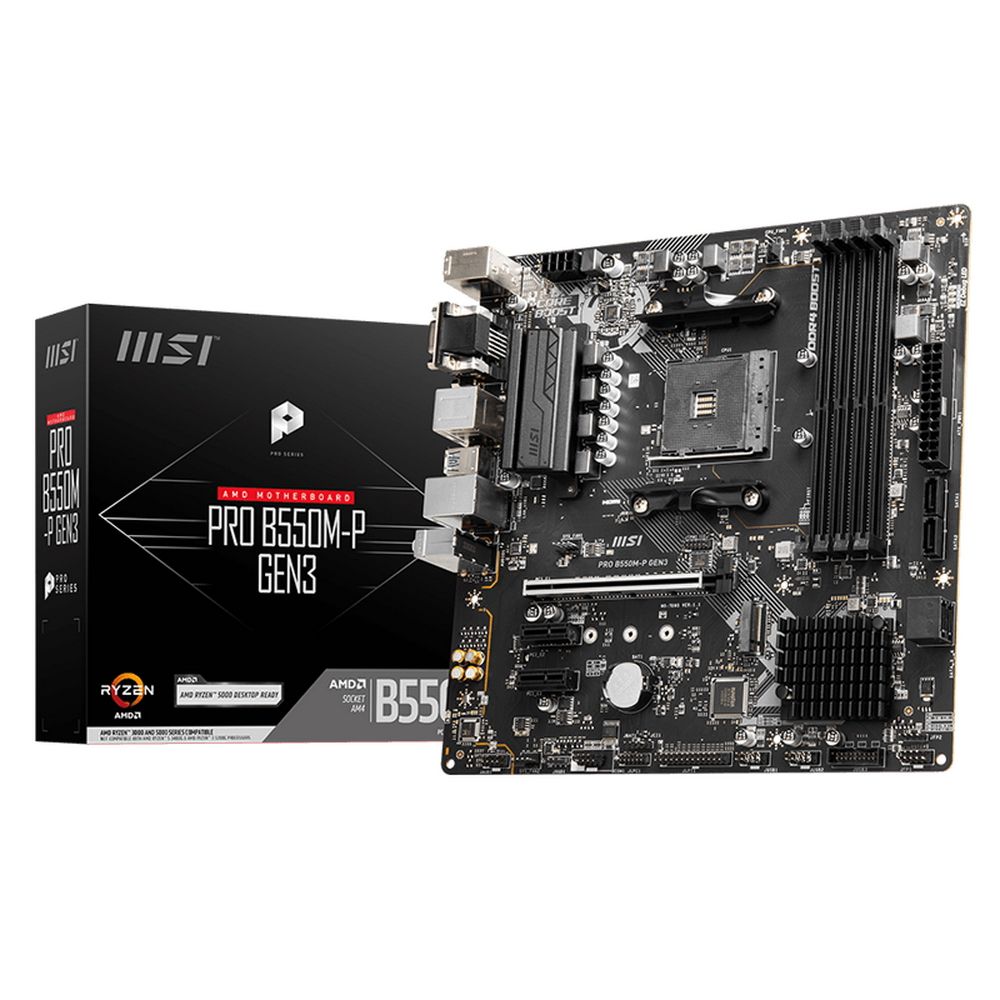 Материнская плата MSI PRO B550M-P GEN3 B550, AM4, 4*DDR4, 1*PCIEx16, 2xPCIEx1, 1*M.2, 6*USB3.2 Gen1, 8*USB2.0, 4*SATA3, 1G, VGA, DVI, HDMI, M-ATX, RTL