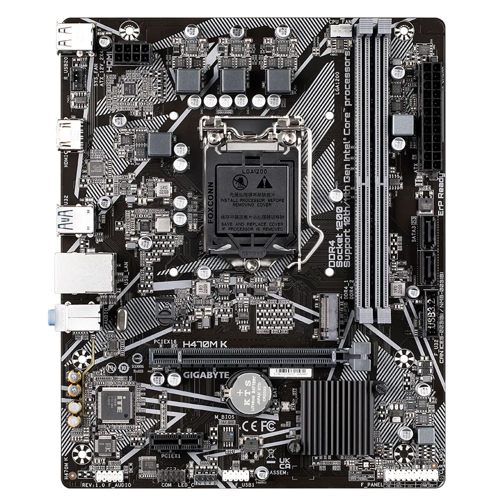 Материнская плата Gigabyte H470M K, Socket 1200, Intel®H470, 2xDDR4-2333, HDMI, 1xPCI-Ex16, 1xPCI-Ex1, 2xSATA3, 1xM.2, 8 Ch Audio, GLan, (4+2)xUSB2.0, (2+2)xUSB3.2, mATX, RTL {}