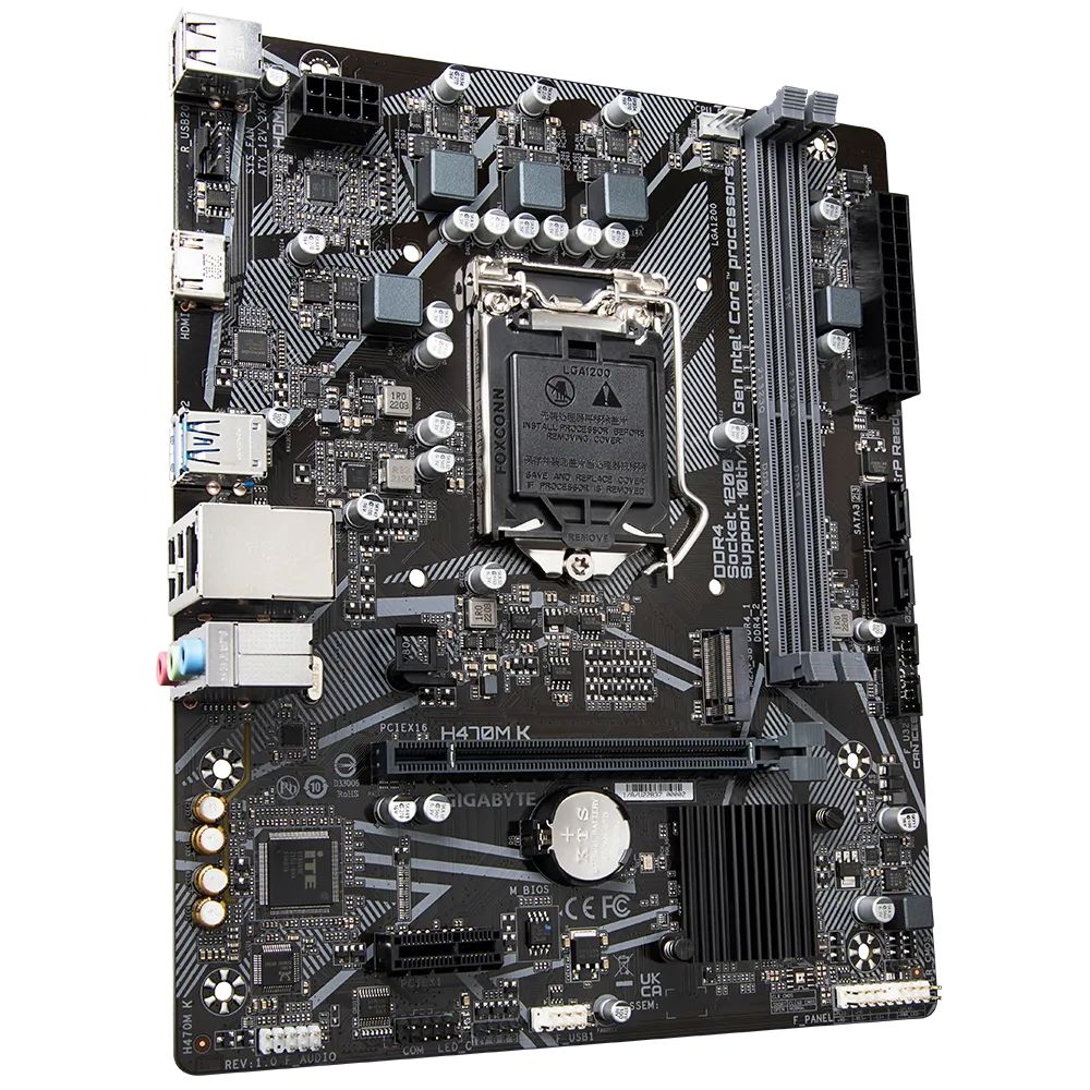 Материнская плата Gigabyte H470M K, Socket 1200, Intel®H470, 2xDDR4-2333, HDMI, 1xPCI-Ex16, 1xPCI-Ex1, 2xSATA3, 1xM.2, 8 Ch Audio, GLan, (4+2)xUSB2.0, (2+2)xUSB3.2, mATX, RTL {}