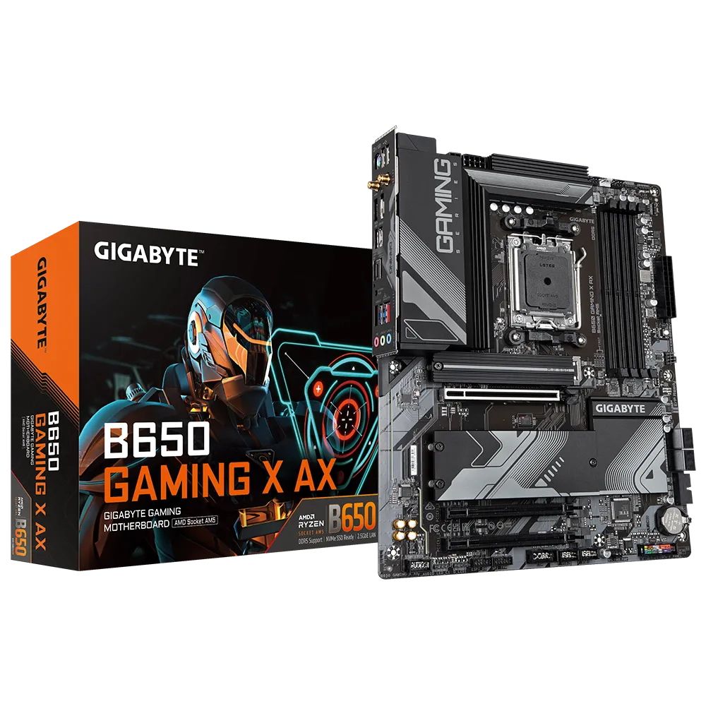 B650 GAMING X AX - Материнская плата Gigabyte B650 GAMING X AX, Socket AM5, AMD B650, 4xDDR5-5200, HDMI+DP, 3xPCI-Ex16, 4xSATA3(RAID 0/1/10), 3xM.2, 8 Ch Audio, 2.5GLan, WiFi, (2+4)xUSB2.0, (5+2)xUSB3.2, (1+1)xUSB3.2 Type-C™, 1xPS/2, ATX, RTL {8} (849849)