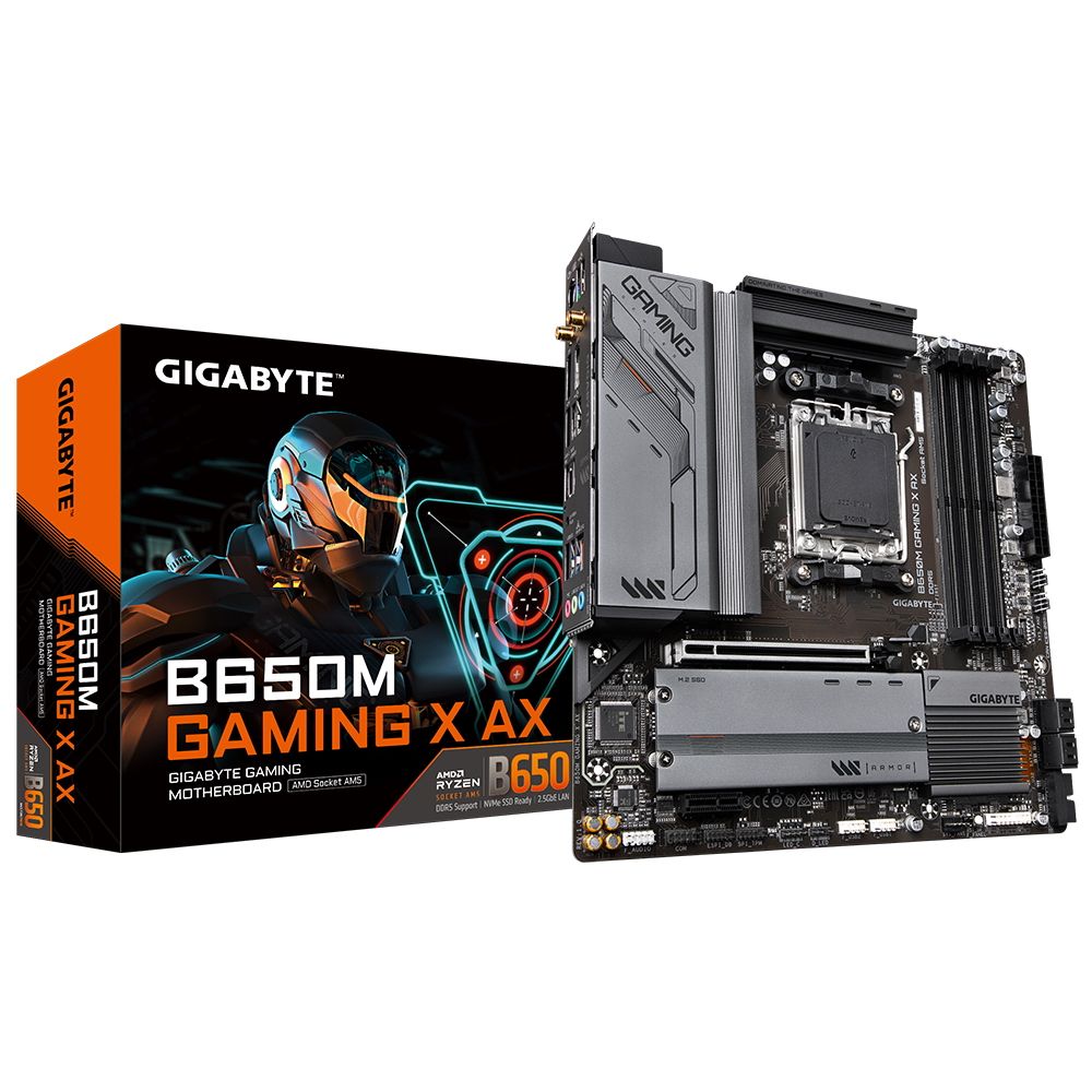 Материнская плата Gigabyte B650M GAMING X AX, Socket AM5, AMD B650, 4xDDR5-5200, HDMI+DP+DP, 1xPCI-Ex16, 1xPCI-Ex1, 4xSATA3(RAID 0/1/10), 2xM.2, 8 Ch Audio, 2.5GLan, WiFi, (4+4)xUSB2.0, (3+2)xUSB3.2, (1+1)xUSB3.2 Type-C™, 1xPS/2, mATX, RTL {8} (849993)