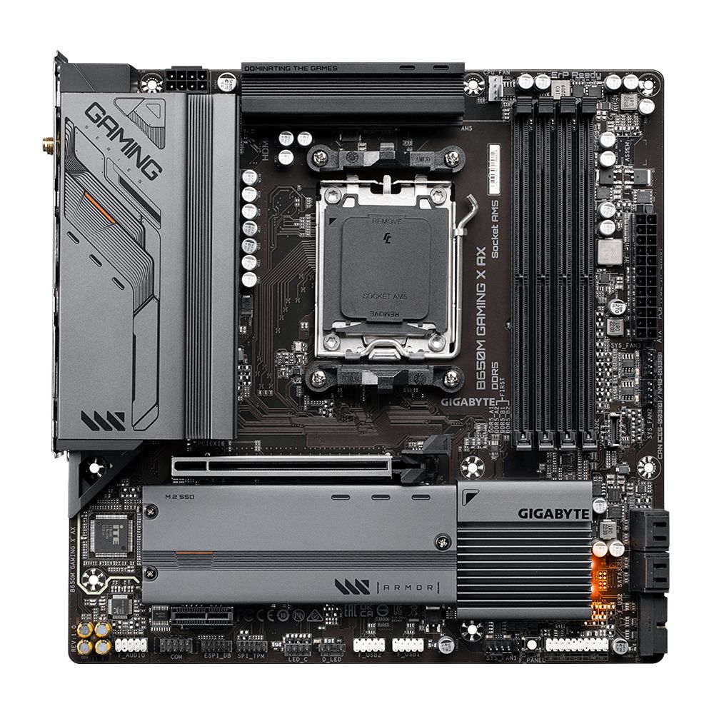 Материнская плата Gigabyte B650M GAMING X AX, Socket AM5, AMD B650, 4xDDR5-5200, HDMI+DP+DP, 1xPCI-Ex16, 1xPCI-Ex1, 4xSATA3(RAID 0/1/10), 2xM.2, 8 Ch Audio, 2.5GLan, WiFi, (4+4)xUSB2.0, (3+2)xUSB3.2, (1+1)xUSB3.2 Type-C™, 1xPS/2, mATX, RTL {8} (849993)