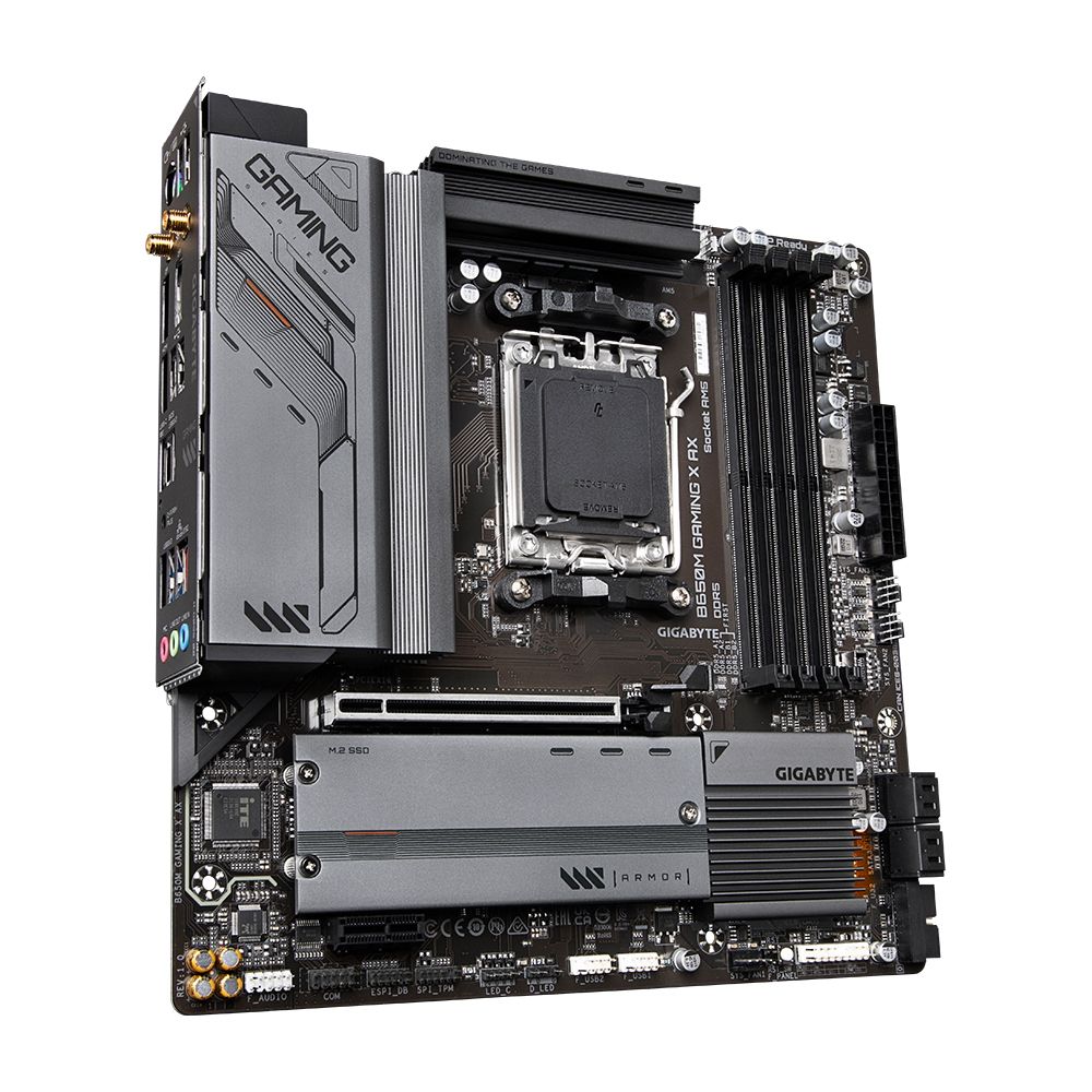 Материнская плата Gigabyte B650M GAMING X AX, Socket AM5, AMD B650, 4xDDR5-5200, HDMI+DP+DP, 1xPCI-Ex16, 1xPCI-Ex1, 4xSATA3(RAID 0/1/10), 2xM.2, 8 Ch Audio, 2.5GLan, WiFi, (4+4)xUSB2.0, (3+2)xUSB3.2, (1+1)xUSB3.2 Type-C™, 1xPS/2, mATX, RTL {8} (849993)