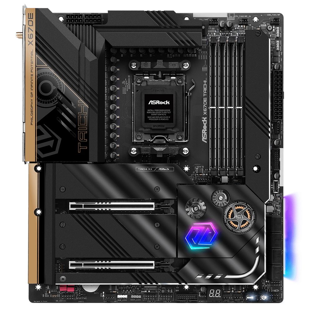 Материнская плата ASRock X670E TAICHI, Socket AM5, AMD X670, 4xDDR5-4800, HDMI, 2xPCI-Ex16, 8xSATA3, 4xM.2, 6 Ch Audio, 1x2.5GLan, WiFi, (4+4)xUSB2.0, (8+4)xUSB3.2, (0+1)xUSB3.2 Type-C™, (2+0)xUSB4 Type-C™, ATX, RTL {}