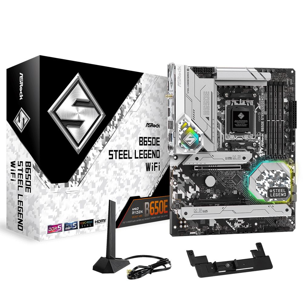Материнская плата ASRock B650E STEEL LEGEND WIFI, Socket AM5, AMD B650, 4xDDR5-5200, HDMI+DP, 2xPCI-Ex16, 2xSATA3(RAID 0/1/10), 3xM.2, 8 Ch Audio, 1x2.5GLan, WiFi, (2+4)xUSB2.0, (5+4)xUSB3.2, (1+1)xUSB3.2 Type-C™, ATX, RTL, {5}