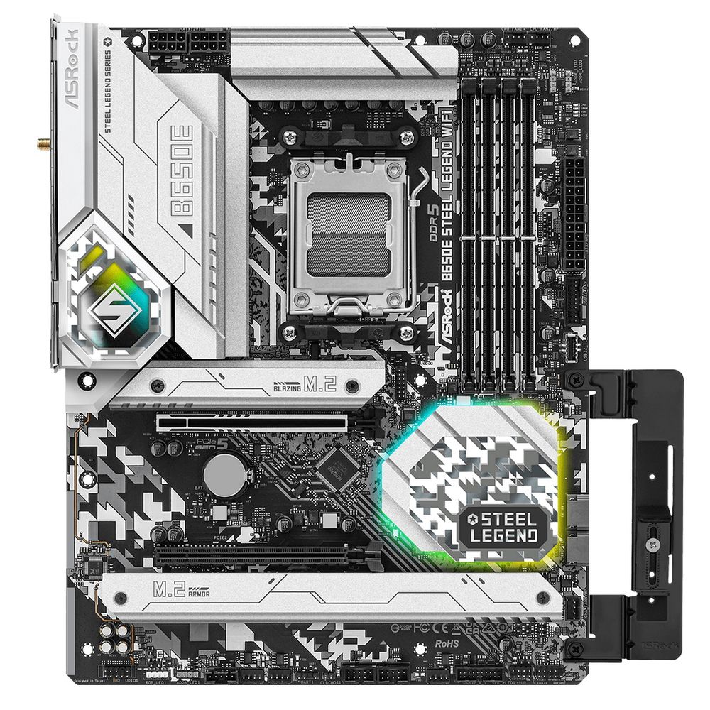 Материнская плата ASRock B650E STEEL LEGEND WIFI, Socket AM5, AMD B650, 4xDDR5-5200, HDMI+DP, 2xPCI-Ex16, 2xSATA3(RAID 0/1/10), 3xM.2, 8 Ch Audio, 1x2.5GLan, WiFi, (2+4)xUSB2.0, (5+4)xUSB3.2, (1+1)xUSB3.2 Type-C™, ATX, RTL, {5}