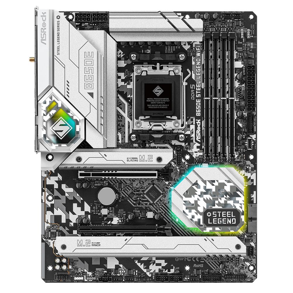 Материнская плата ASRock B650E STEEL LEGEND WIFI, Socket AM5, AMD B650, 4xDDR5-5200, HDMI+DP, 2xPCI-Ex16, 2xSATA3(RAID 0/1/10), 3xM.2, 8 Ch Audio, 1x2.5GLan, WiFi, (2+4)xUSB2.0, (5+4)xUSB3.2, (1+1)xUSB3.2 Type-C™, ATX, RTL, {5}