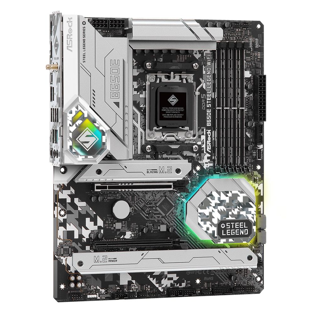 Материнская плата ASRock B650E STEEL LEGEND WIFI, Socket AM5, AMD B650, 4xDDR5-5200, HDMI+DP, 2xPCI-Ex16, 2xSATA3(RAID 0/1/10), 3xM.2, 8 Ch Audio, 1x2.5GLan, WiFi, (2+4)xUSB2.0, (5+4)xUSB3.2, (1+1)xUSB3.2 Type-C™, ATX, RTL, {5}