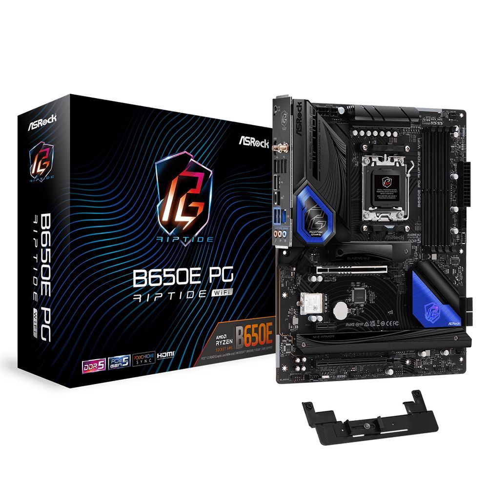 Материнская плата ASRock B650E PG RIPTIDE WIFI, Socket AM5, AMD B650, 4xDDR5-5200, HDMI, 2xPCI-Ex16, 1xPCI-Ex1, 4xSATA3(RAID 0/1/10), 3xM.2, 8 Ch Audio, 1x2.5GLan, WiFi, (6+3)xUSB2.0, (3+2)xUSB3.2, (1+1)xUSB3.2 Type-C™, ATX, RTL, {5}