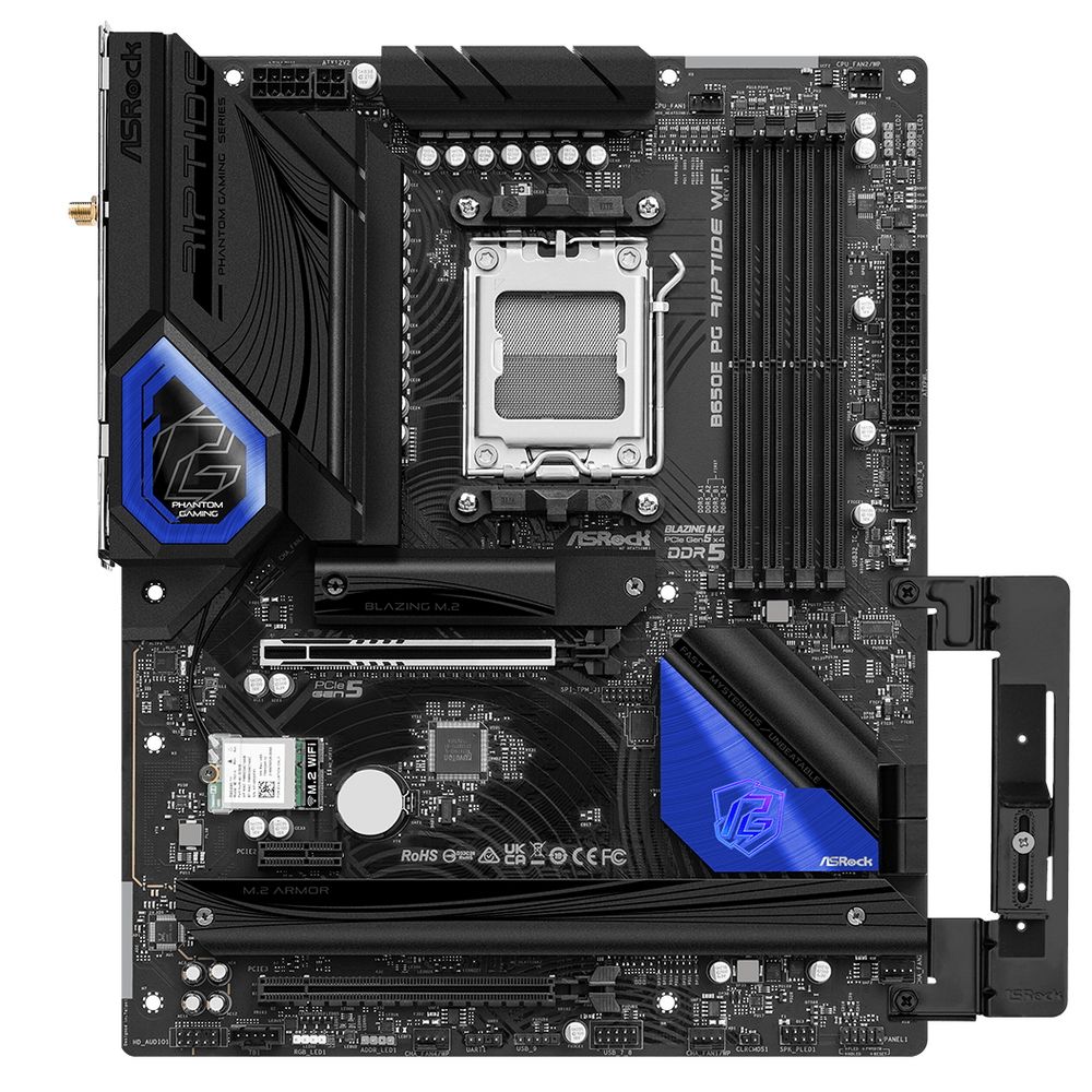Материнская плата ASRock B650E PG RIPTIDE WIFI, Socket AM5, AMD B650, 4xDDR5-5200, HDMI, 2xPCI-Ex16, 1xPCI-Ex1, 4xSATA3(RAID 0/1/10), 3xM.2, 8 Ch Audio, 1x2.5GLan, WiFi, (6+3)xUSB2.0, (3+2)xUSB3.2, (1+1)xUSB3.2 Type-C™, ATX, RTL, {5}
