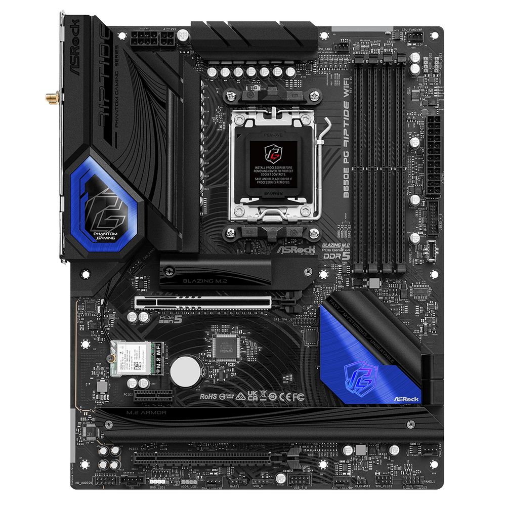 Материнская плата ASRock B650E PG RIPTIDE WIFI, Socket AM5, AMD B650, 4xDDR5-5200, HDMI, 2xPCI-Ex16, 1xPCI-Ex1, 4xSATA3(RAID 0/1/10), 3xM.2, 8 Ch Audio, 1x2.5GLan, WiFi, (6+3)xUSB2.0, (3+2)xUSB3.2, (1+1)xUSB3.2 Type-C™, ATX, RTL, {5}