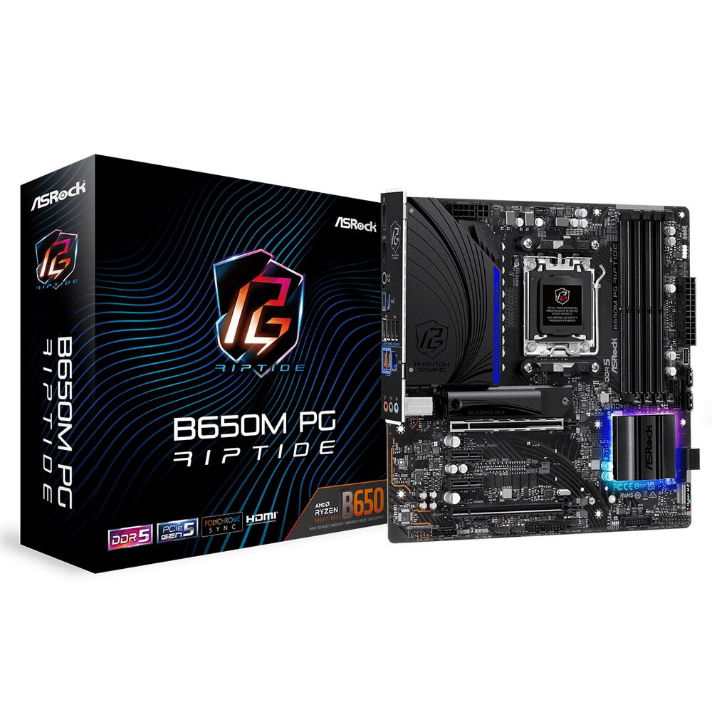 Материнская плата ASRock B650M PG RIPTIDE, Socket AM5, AMD B650, 4xDDR5-5200, HDMI+DP, 2xPCI-Ex16, 2xPCI-Ex1, 4xSATA3(RAID 0/1/10), 2xM.2, 8 Ch Audio, 1x2.5GLan, (4+4)xUSB2.0, (3+4)xUSB3.2, (1+1)xUSB3.2 Type-C™, mATX, RTL, {5}