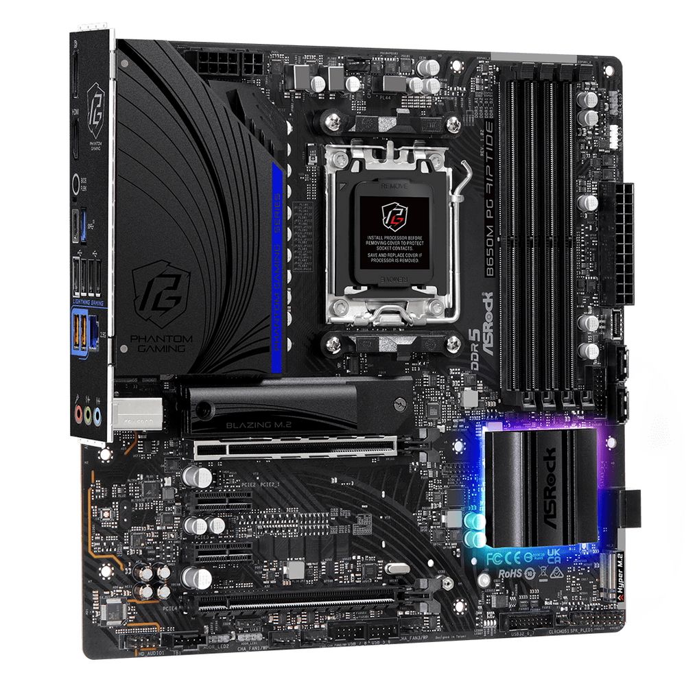 Материнская плата ASRock B650M PG RIPTIDE, Socket AM5, AMD B650, 4xDDR5-5200, HDMI+DP, 2xPCI-Ex16, 2xPCI-Ex1, 4xSATA3(RAID 0/1/10), 2xM.2, 8 Ch Audio, 1x2.5GLan, (4+4)xUSB2.0, (3+4)xUSB3.2, (1+1)xUSB3.2 Type-C™, mATX, RTL, {5}