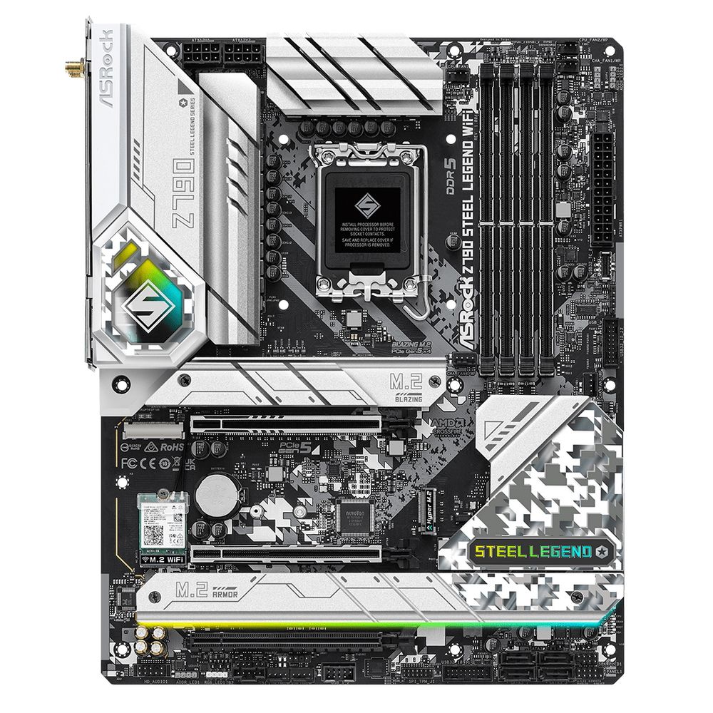 Материнская плата ASRock Z790 STEEL LEGEND WIFI, Socket 1700, Intel®Z790, 4xDDR5-4800, HDMI+DP, 3xPCI-Ex16, 8xSATA3(RAID 0/1/5/10), 5xM.2, 8 Ch Audio, 1x2.5GLan, WiFi, (0+3)xUSB2.0, (9+4)xUSB3.2, (1+1)xUSB3.2 Type-C™, ATX, RTL {}