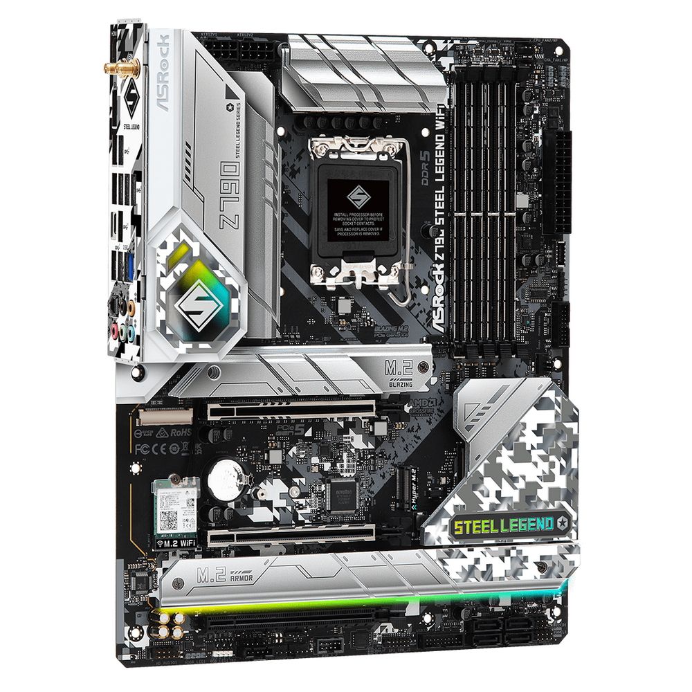Материнская плата ASRock Z790 STEEL LEGEND WIFI, Socket 1700, Intel®Z790, 4xDDR5-4800, HDMI+DP, 3xPCI-Ex16, 8xSATA3(RAID 0/1/5/10), 5xM.2, 8 Ch Audio, 1x2.5GLan, WiFi, (0+3)xUSB2.0, (9+4)xUSB3.2, (1+1)xUSB3.2 Type-C™, ATX, RTL {}