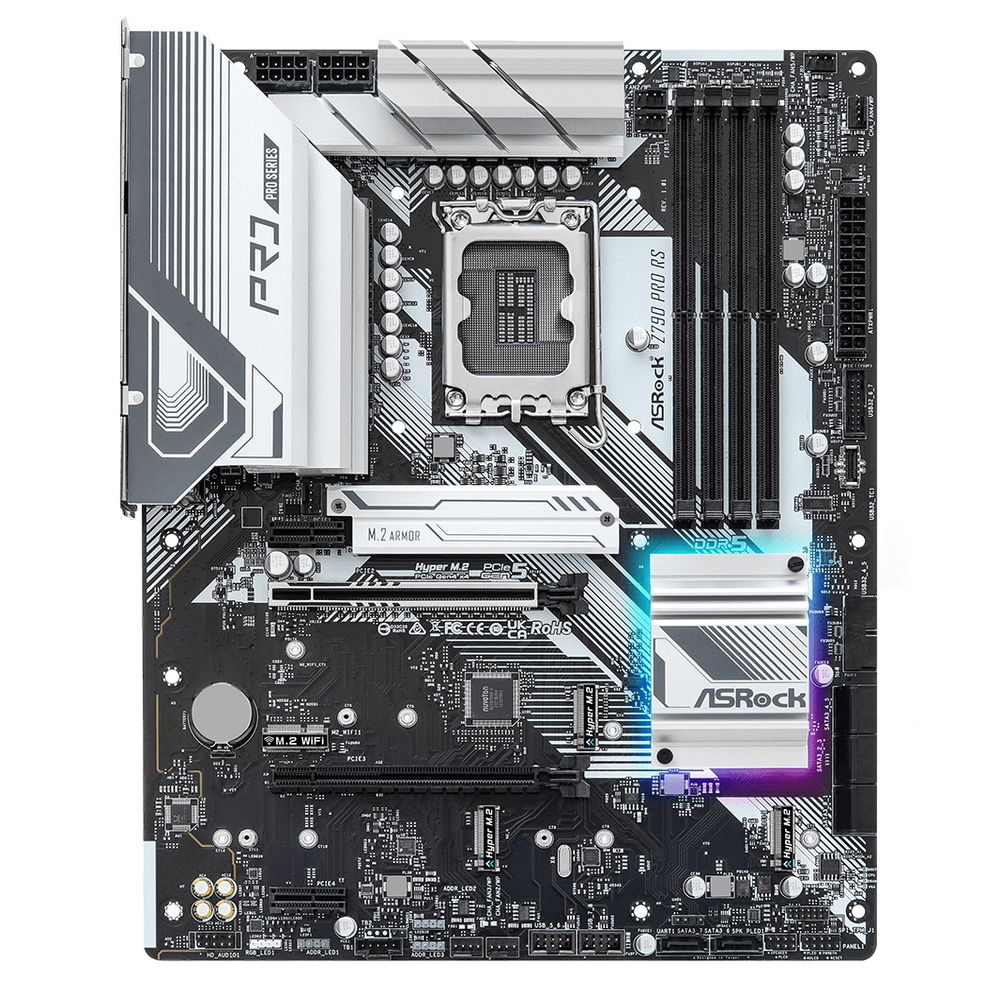 Материнская плата ASRock Z790 PRO RS, Socket 1700, Intel®Z790, 4xDDR5-4800, HDMI+DP, 2xPCI-Ex16, 2xPCI-Ex1, 8xSATA3(RAID 0/1/5/10), 4xM.2, 8 Ch Audio, 1x2.5GLan, (4+4)xUSB2.0, (3+4)xUSB3.2, (1+1)xUSB3.2 Type-C™, ATX, 1xPS/2, RTL {}